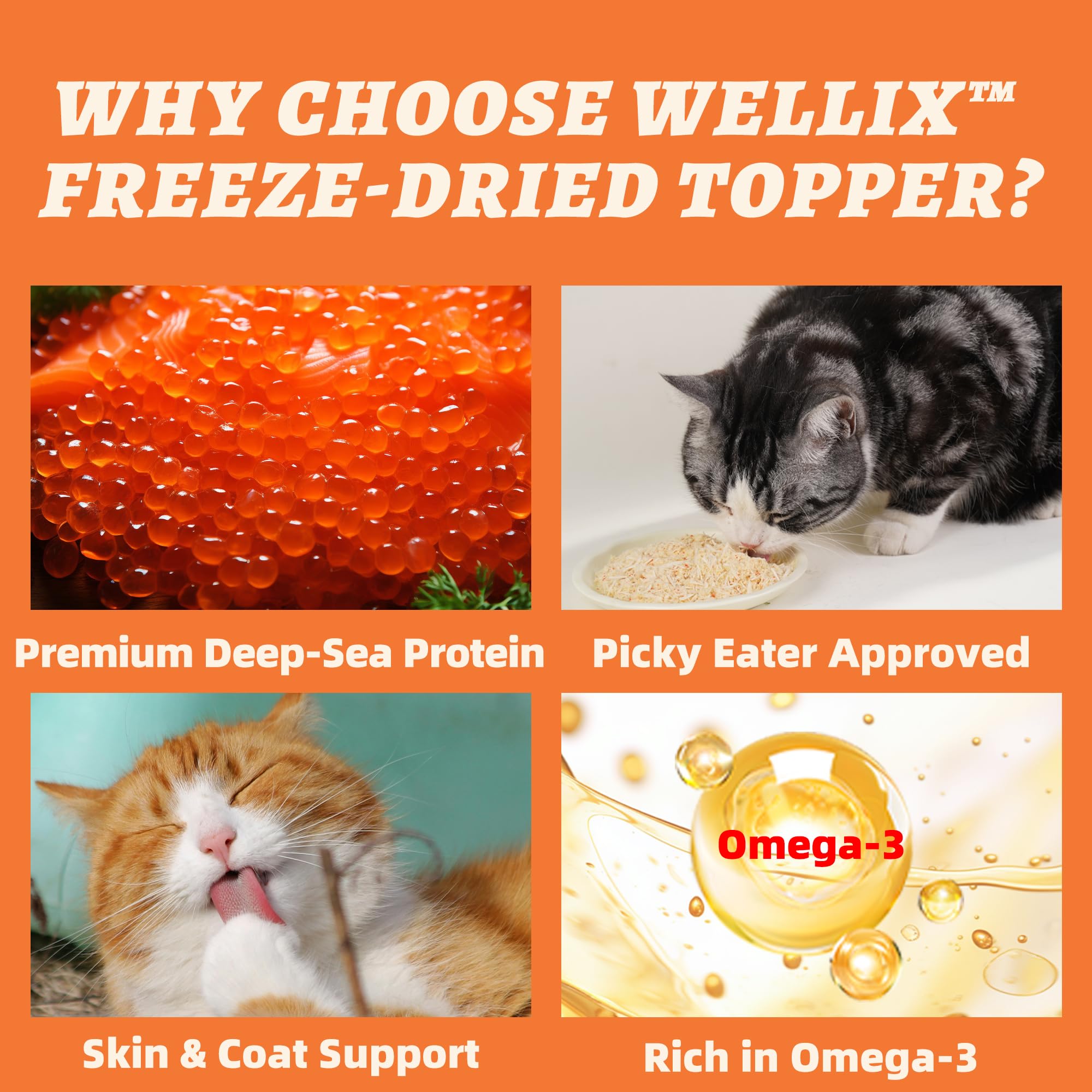 Wellix Dog & Cat Food Topper - Salmon Roe Treats Freeze Dried Egg Yolk & Chicken Flavor Low Calorie - Antioxidant and Skin & Coa
