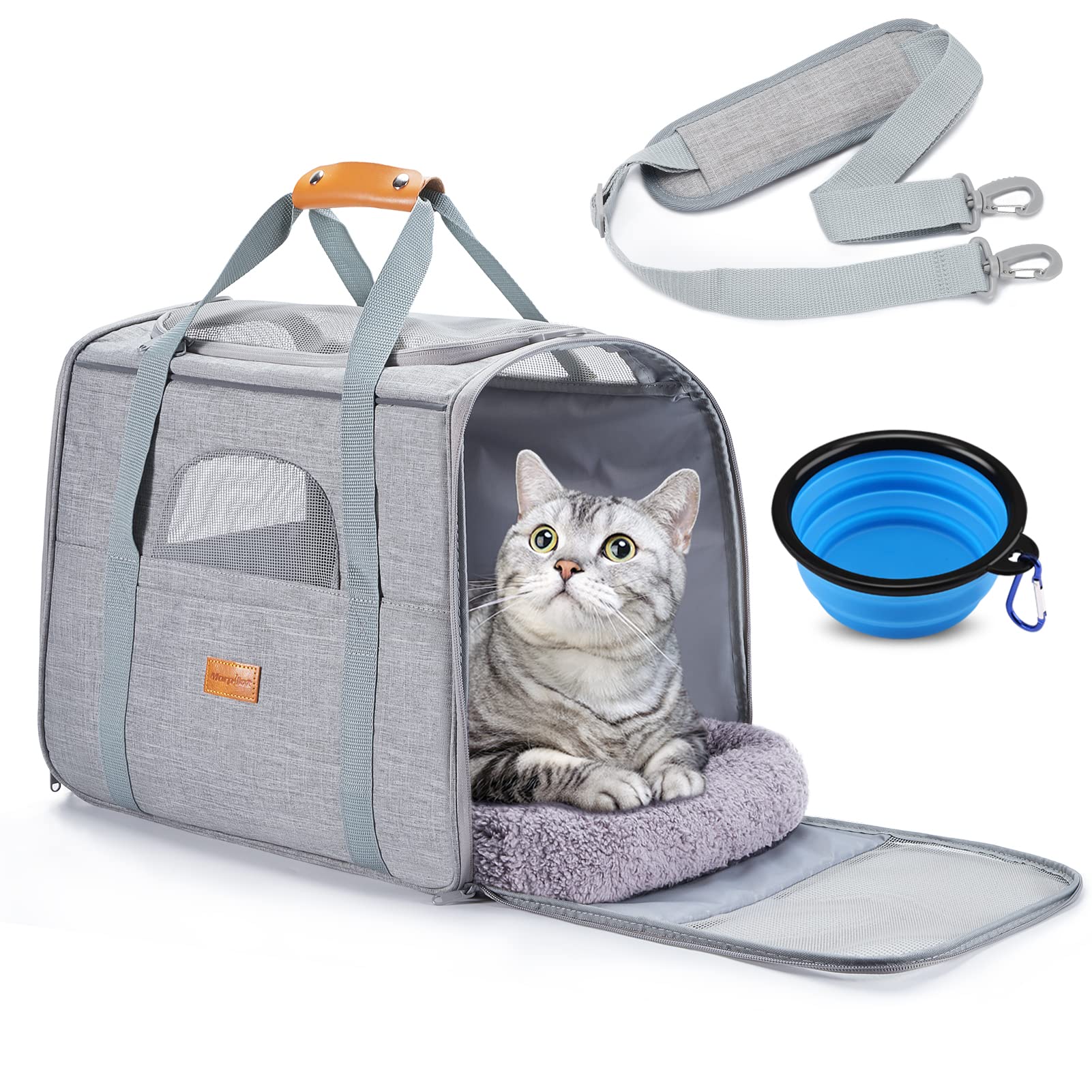 Morpilot Portable Cat Carrier - Soft Sided Cat Carrier For Medium Cats And Puppy Up To 15Lbs, Pet Carrier With Locking Safety Zippers, Foldable Bowl, Airline Approved Travel Dog Carrier - Light Gray