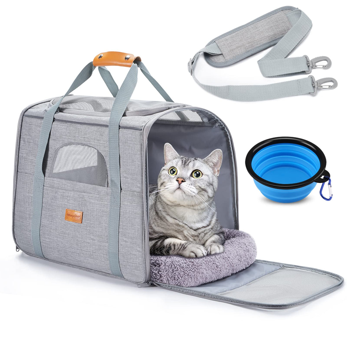 Morpilot Portable Cat Carrier - Soft Sided Cat Carrier For Medium Cats And Puppy Up To 15Lbs, Pet Carrier With Locking Safety Zippers, Foldable Bowl, Airline Approved Travel Dog Carrier - Light Gray