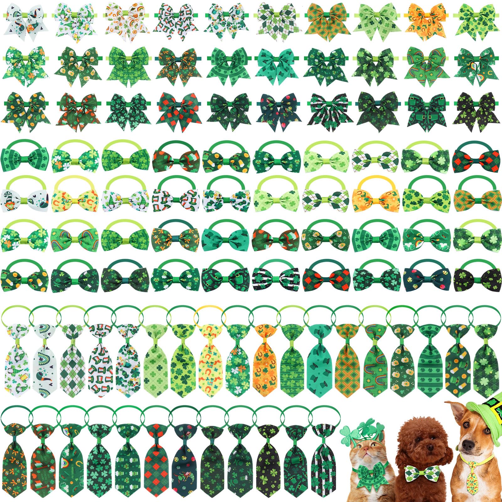 Reginary 100 Pieces St. Patrick'S Day Dog Bow Tie Collar Set Include 40 Dog Neckties, And 30 Puppy Bowties, 30 Collar Flowers, A