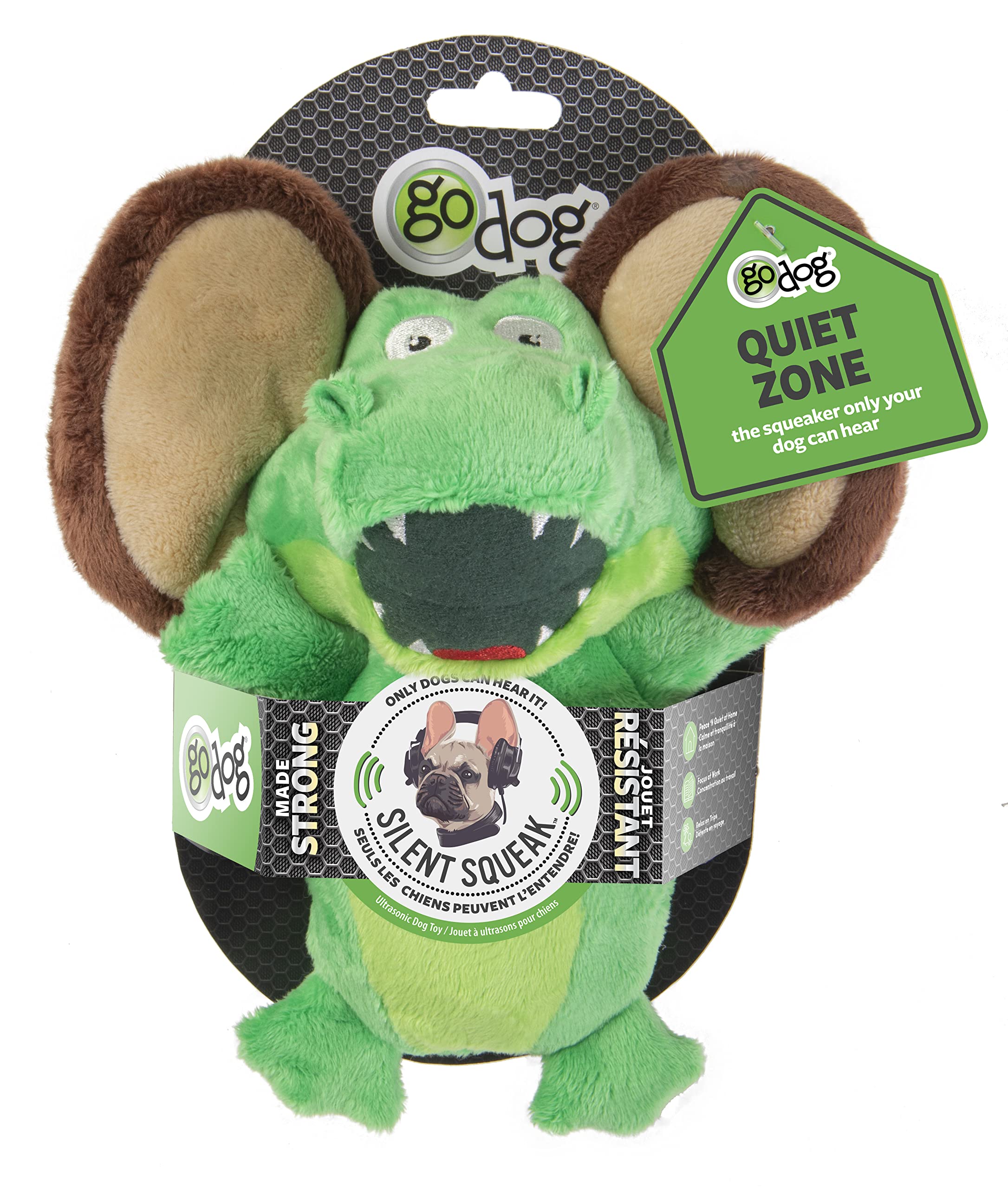 Godog Flips Gator-Monkey Silent Squeak Plush Dog Toy, Chew Guard Technology - Green, Large
