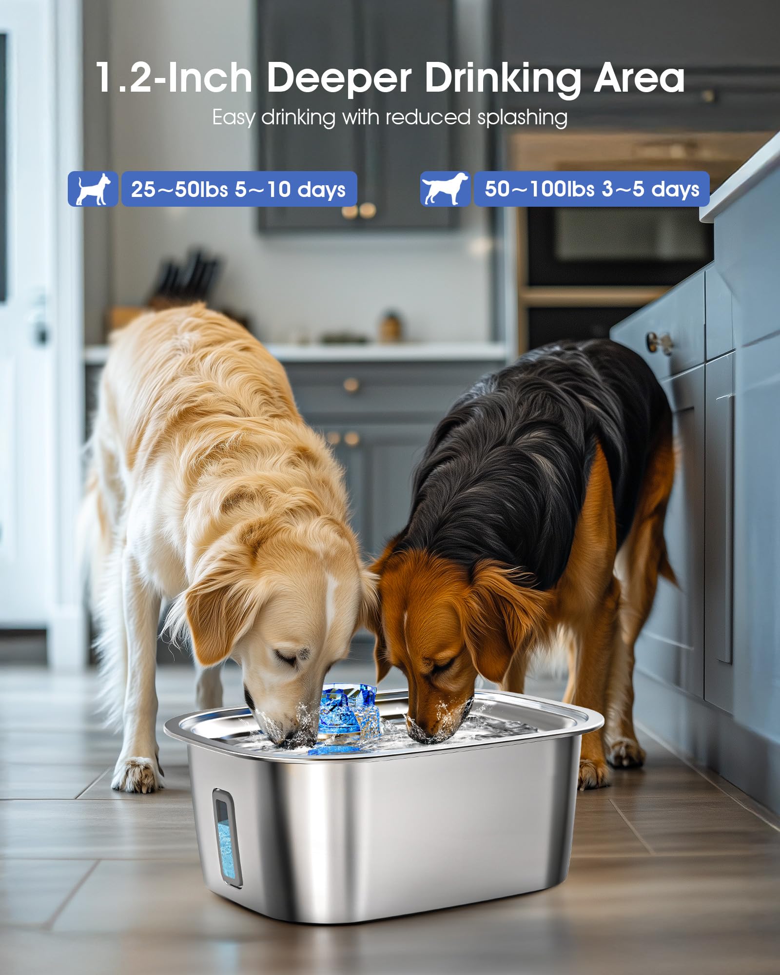 Dog Water Fountain for Large Dogs,3Gal Stainless Steel Dog Fountain Water Bowl Dispenser with 4 Filters Water Level Window,Autom