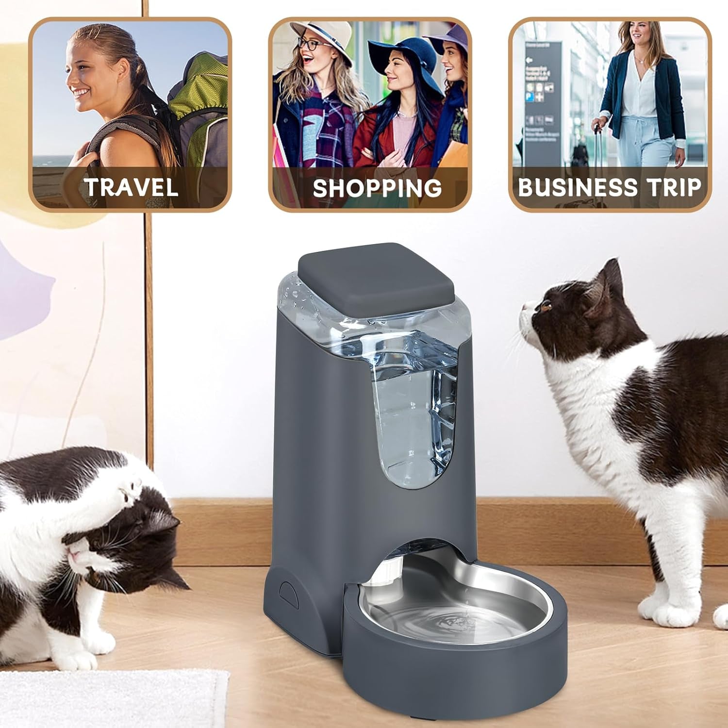 Automatic Cat Feeder & Water Dispenser Set, Steel Bowls, 1 Gallon