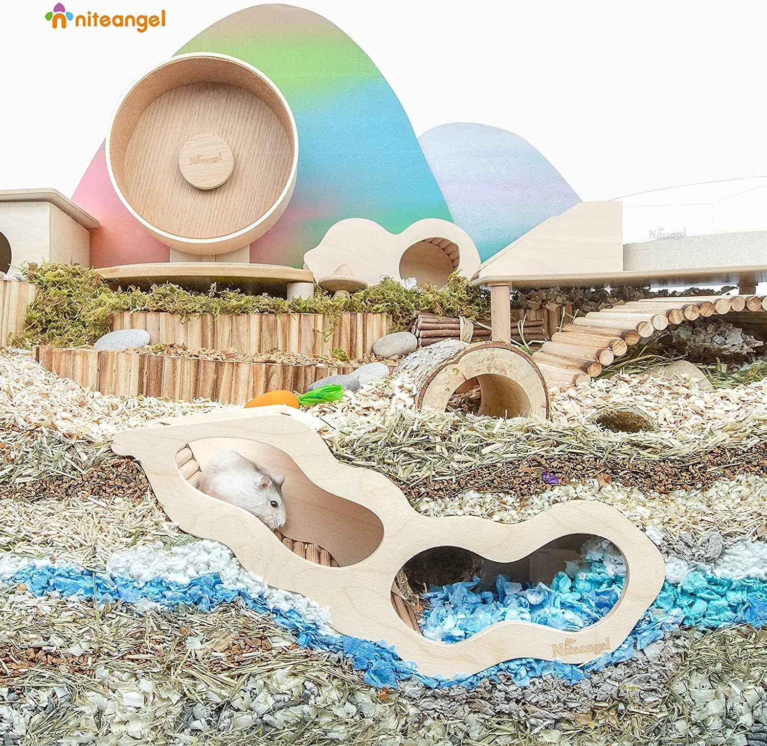 Wooden Hamster House Hideout with Ladder & Tunnel