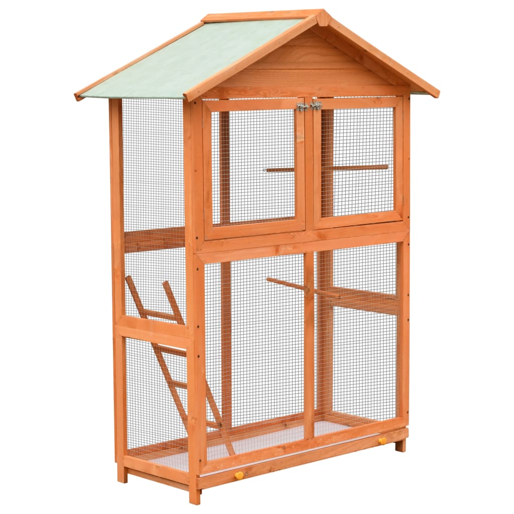 “vidaXL Large Outdoor Bird Cage with Pull Out Tray, Water Resistant Roof, Ladder, Iron Wire Grid Construction, Solid Pinewood Frame - Brown & Green”