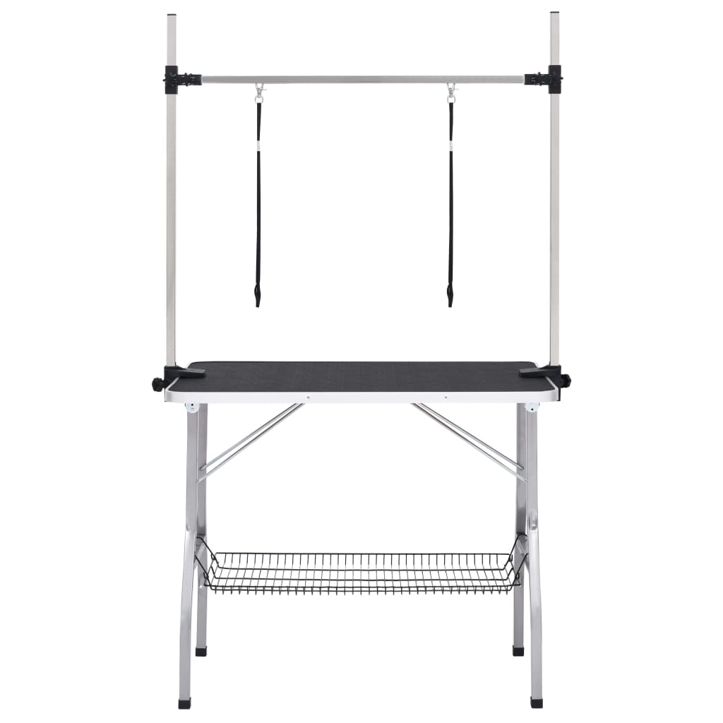 vidaXL Adjustable Dog Grooming Table with Stainless Steel Arm, Non-Slip Surface, Storage Basket and 2 Matching Loops, Foldable Design for Easy Storage