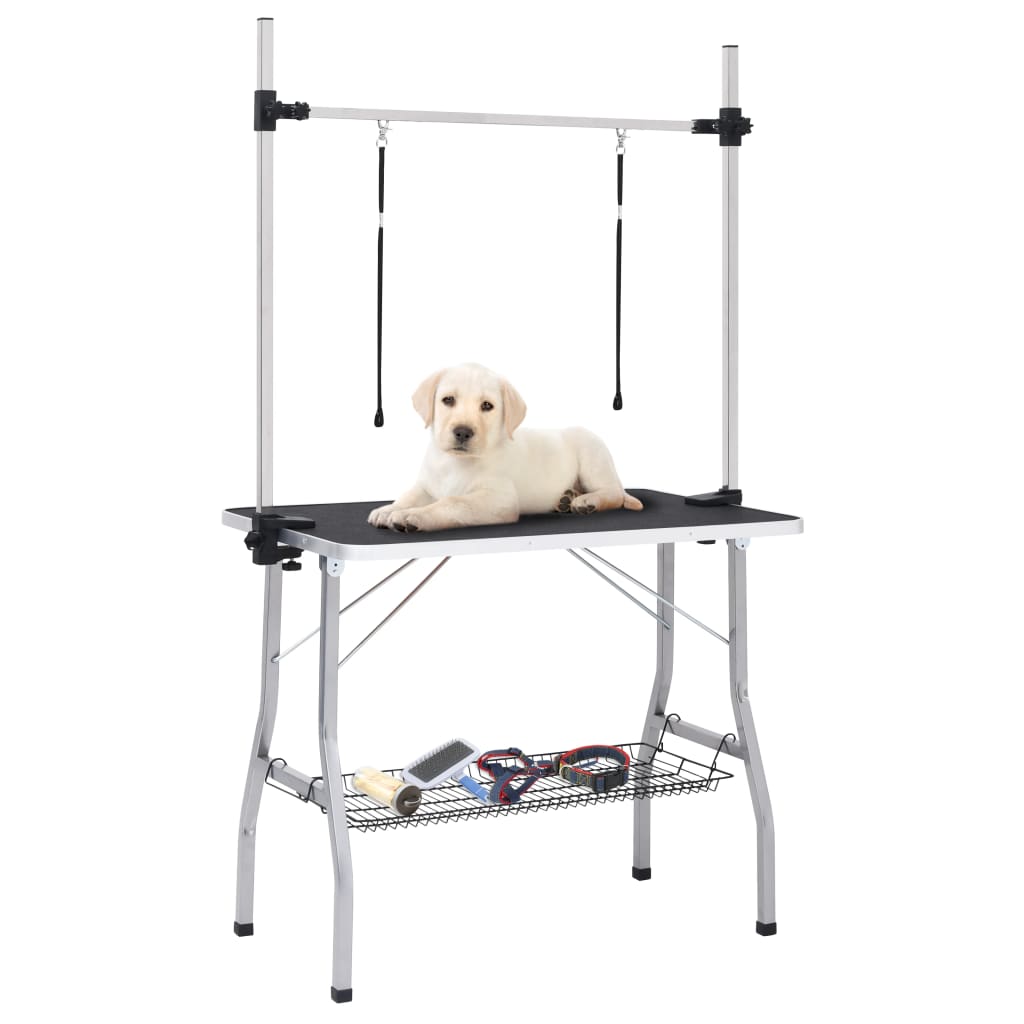 vidaXL Adjustable Dog Grooming Table with Stainless Steel Arm, Non-Slip Surface, Storage Basket and 2 Matching Loops, Foldable Design for Easy Storage