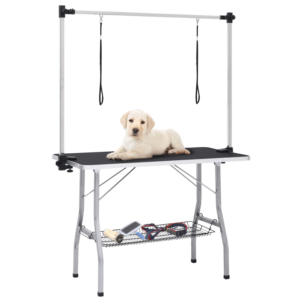 vidaXL Adjustable Dog Grooming Table with 2 Loops and Storage Basket - Steel and Engineered Wood Structure, Non-Slip Tabletop, Height Adjustable Arm, Foldable for Easy Storage, Safe Round Corners