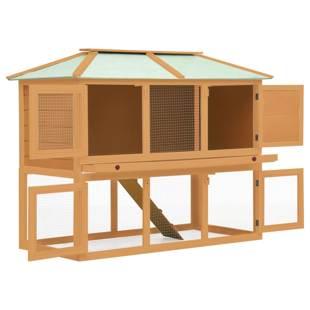 vidaXL Double Floor Rabbit Cage - Spacious Fir Wood Hutch with Cozy Cubby, Weather Resistant, Easy-Climb Ladder, Pull-Out Tray - Ideal for Small Pets (Brown, 51.1&quot; x 26.3&quot; x 41.3&quot;)