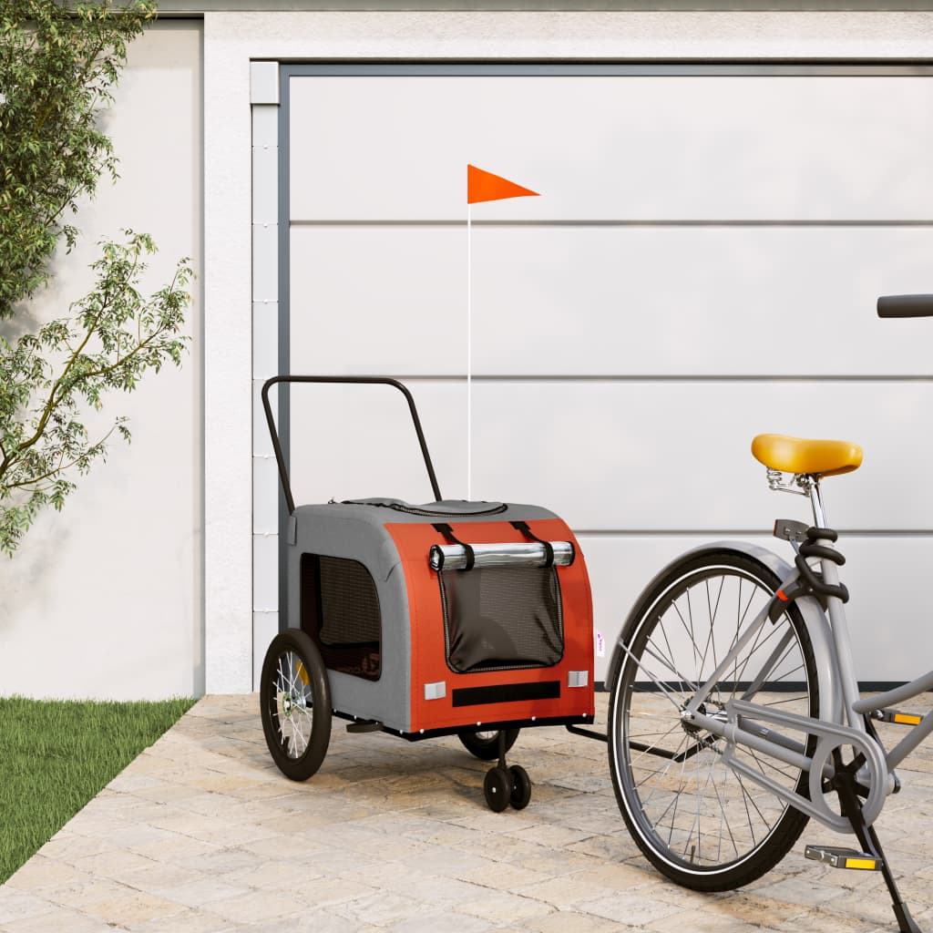 vidaXL Pet Bike Trailer - Orange/Gray, Oxford Fabric & Iron Frame, Maximum Load 99.2 lb, Safe Travel Reflectors & Flag, Mesh Windows, Zipper Access