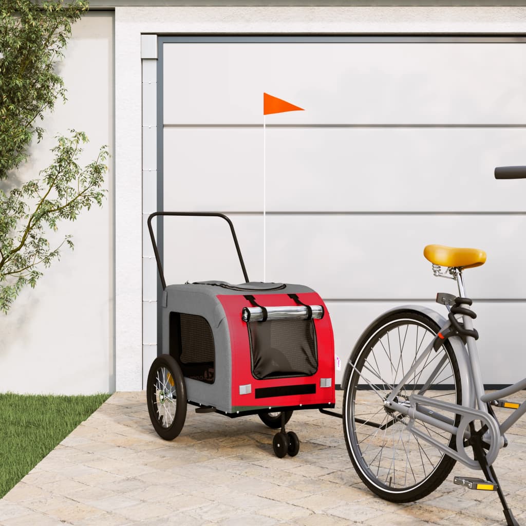 vidaXL Pet Bike Trailer Red/Gray - Oxford Fabric & Iron - 24.8 x 47.6 x 25.6 in - Mesh Windows, Reflectors, Safety Flag - Max Load 99 lbs