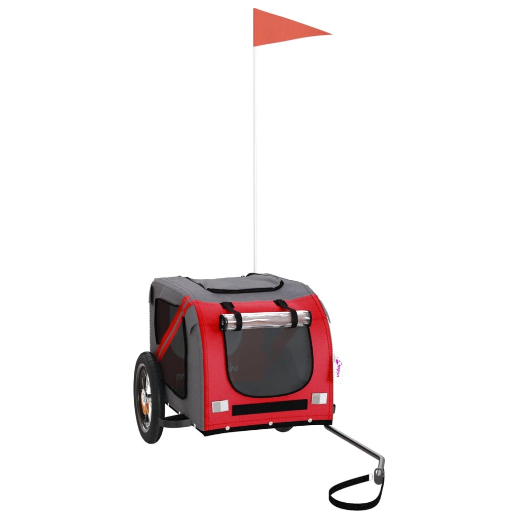 vidaXL Pet Bike Trailer for Small Dogs, Red/Grey - Oxford Fabric Cargo Carrier with Iron Frame, PVC Cover, Air Vents, Reflectors, & Safety Flag, 48.8x20.9x20.9 in