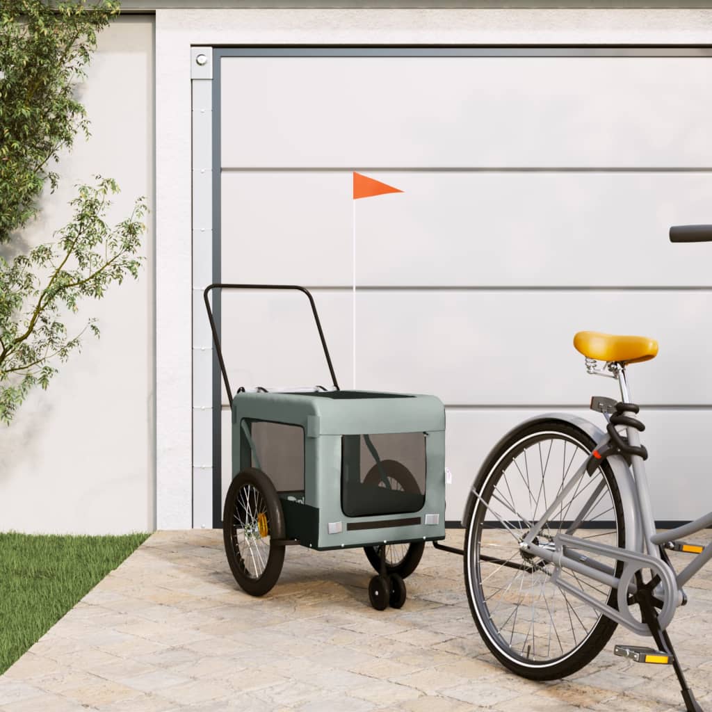 vidaXL Pet Bike Trailer-Gray/Black-Iron Frame Oxford Fabric-PVC Cover-Multiple Air Vents-Reflective Safety Features