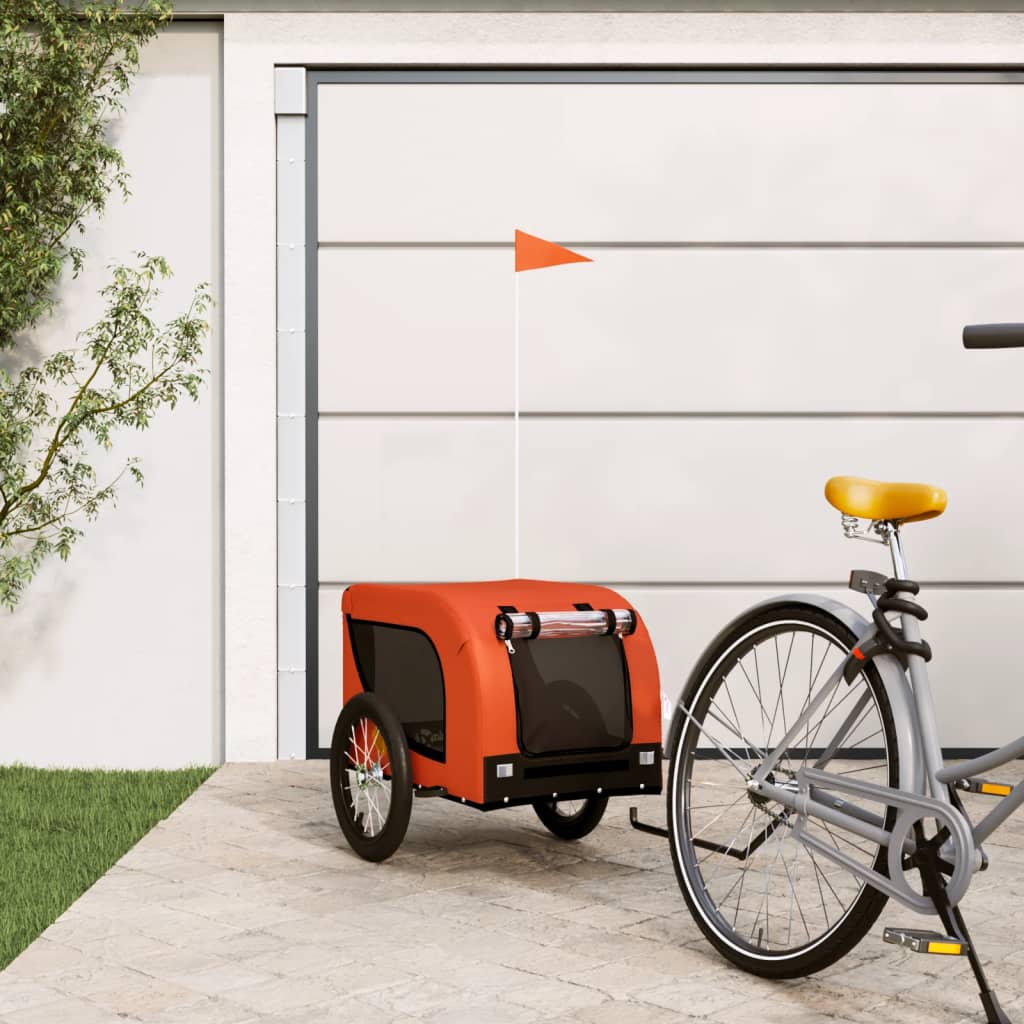 Vidaxl Pet Bike Trailer - Durable Oxford Fabric And Iron Frame With Comfort Features - Orange And Black - Ideal For Small Pets And Cargo Transport