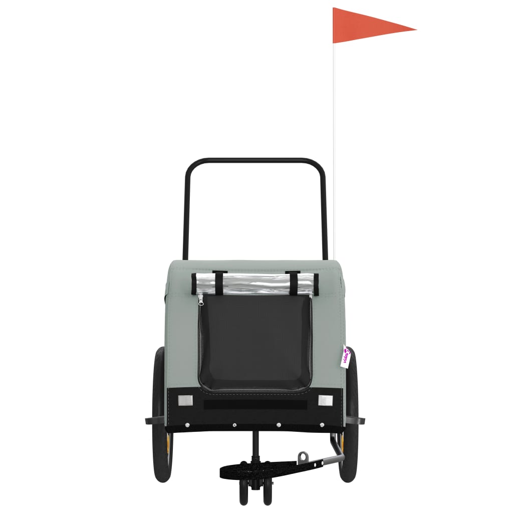 vidaXL Pet Bike Trailer - Grey/Black Oxford Fabric/Iron - 3 Wheels - Zippered Doors - Reflectors & Flag for Safety - 99.2 lb Capacity