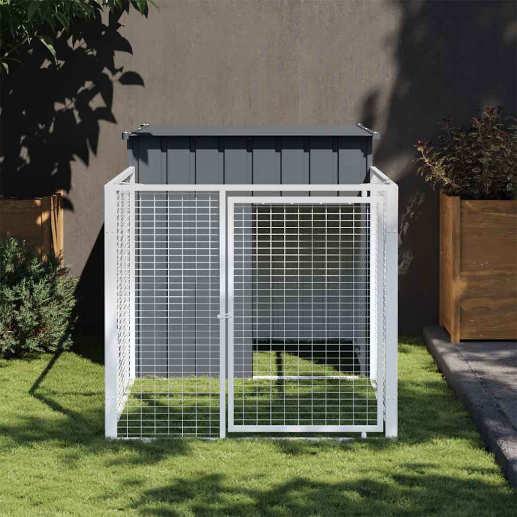 vidaXL - Dog House with Extended Run in Anthracite Color, Sturdy Galvanized Steel Construction, Ample Space, Mesh Design for Ventilation, Weather-Resistant Roof
