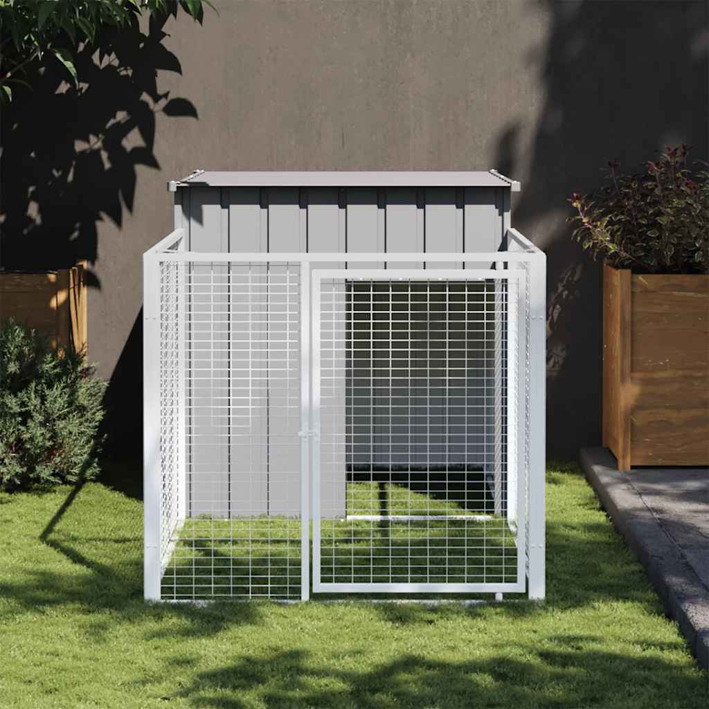 vidaXL Light Gray Galvanized Steel Dog House with Run - Multi-use Outdoor Pet Kennel with Protection Roof and Convenient Access Doors