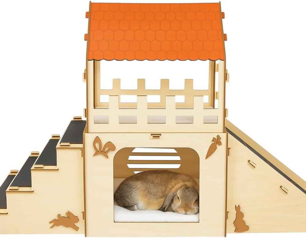 Rabbit Hideout House Wooden Bunny Castle for Small Pets Indoor Cage