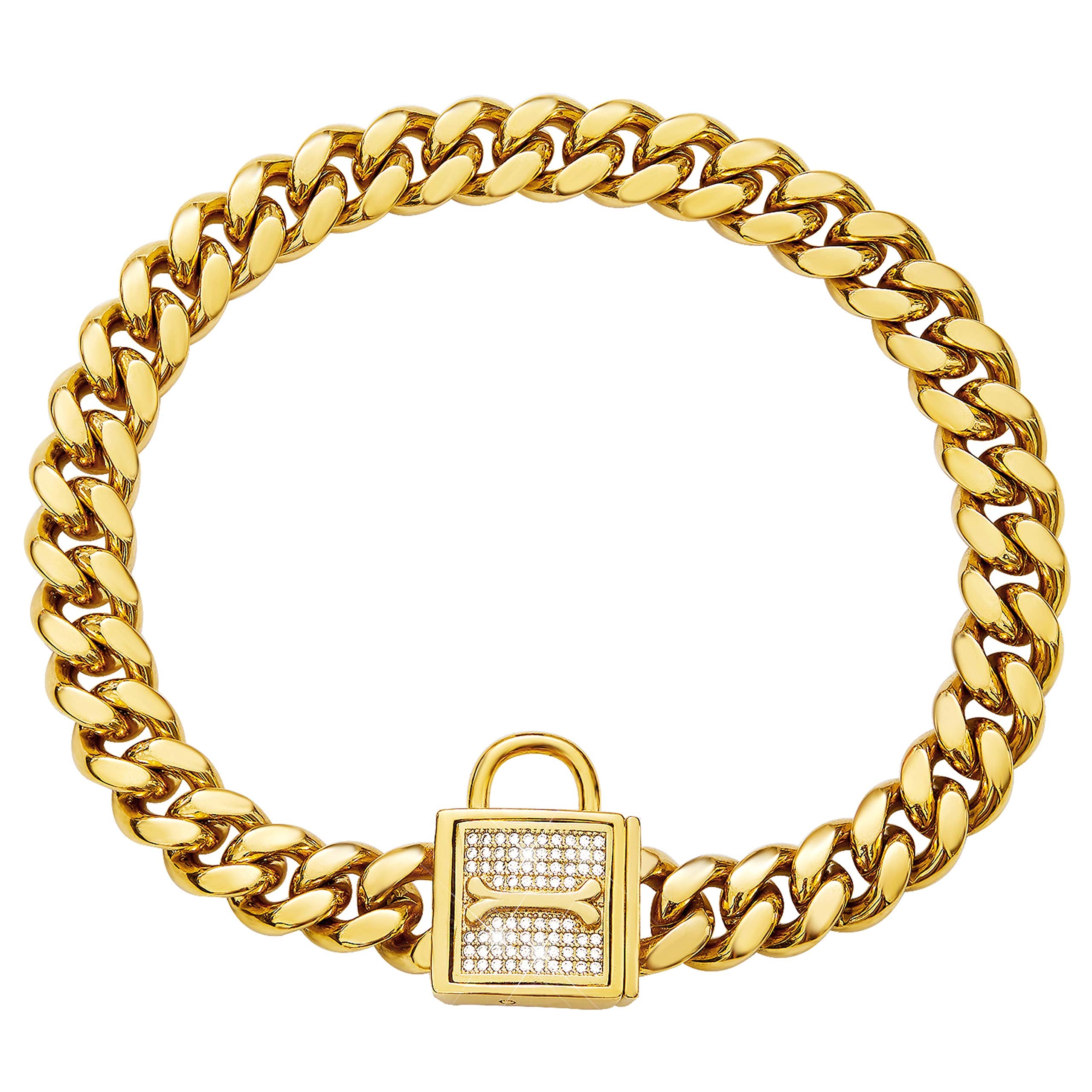 Chain Dog Collar with Zirconia Locking 12mm 18K Gold Cuban Link Chain Metal Stainless Steel Dog Walking Puppy Collar Luxury Dog 