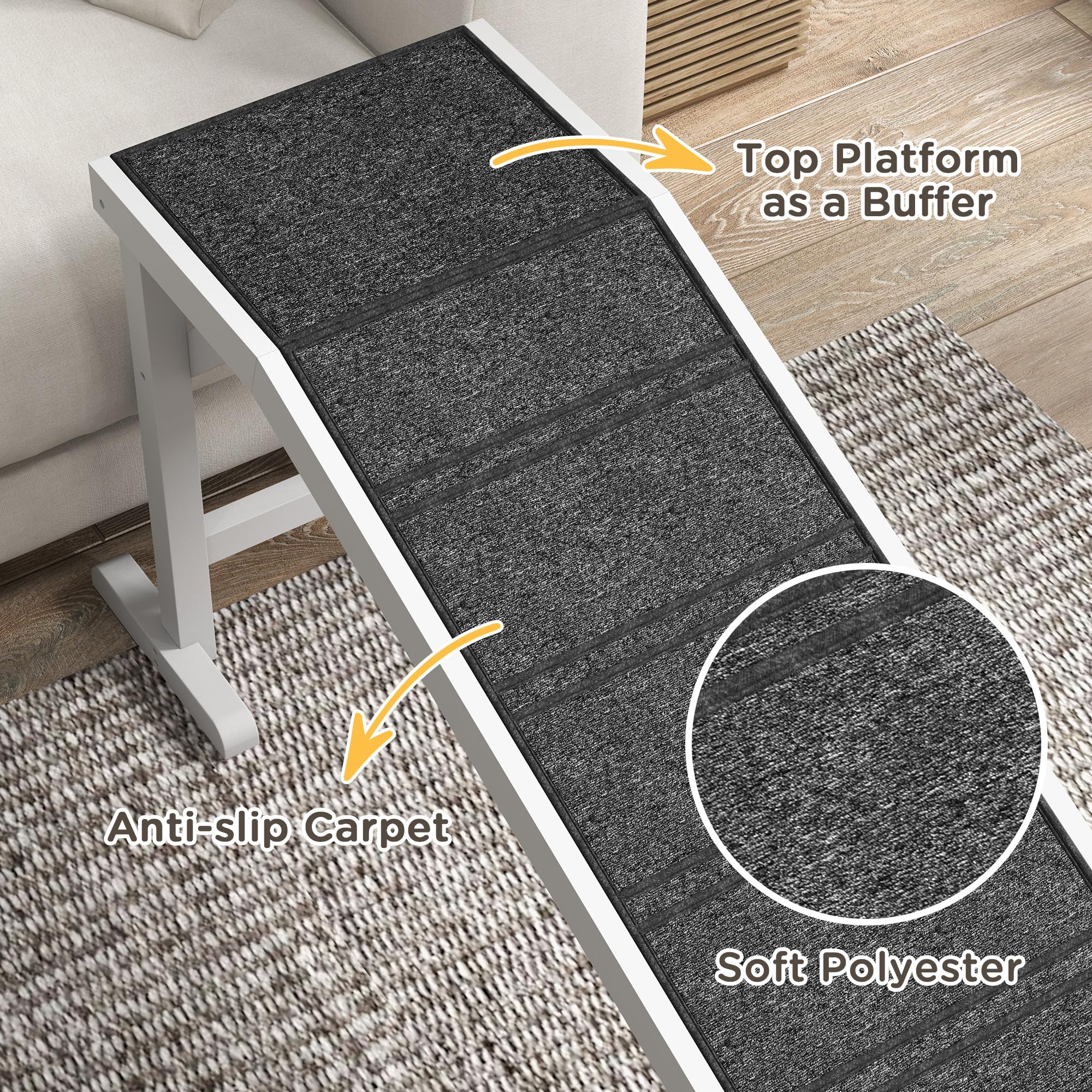 PawHut 74 Dog Ramp for Bed, Non-Slip Carpet, White - Pet Ramp with Top Platform for Easy Pet Access