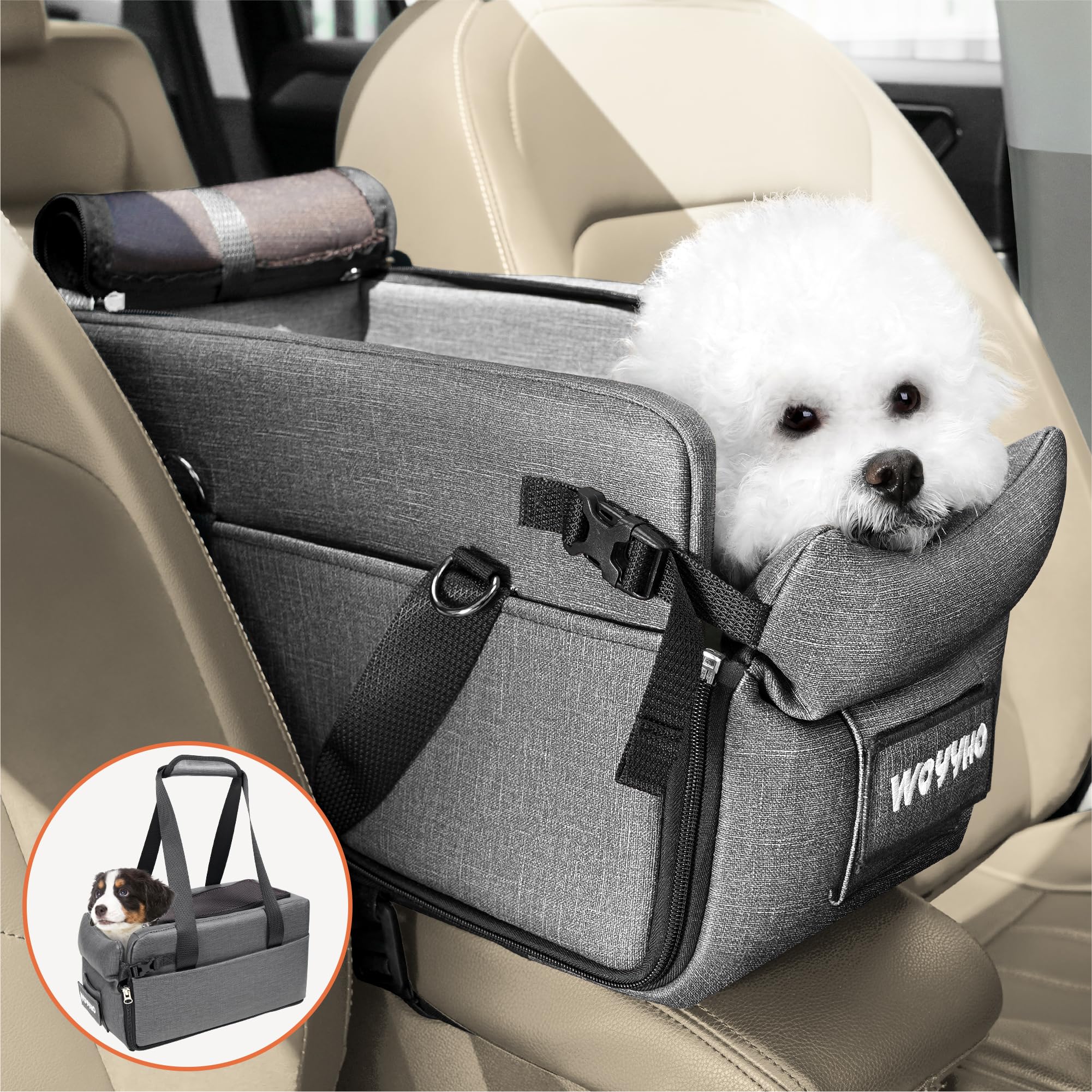 Woyyho Center Console Dog Car Seat Waterproof And Easy Clean Dog Car Seat For Small Dogs Thickened Pu Leather Dog Car Seat With Adjustable Safety Belt (Up To 14 Lbs), Grey