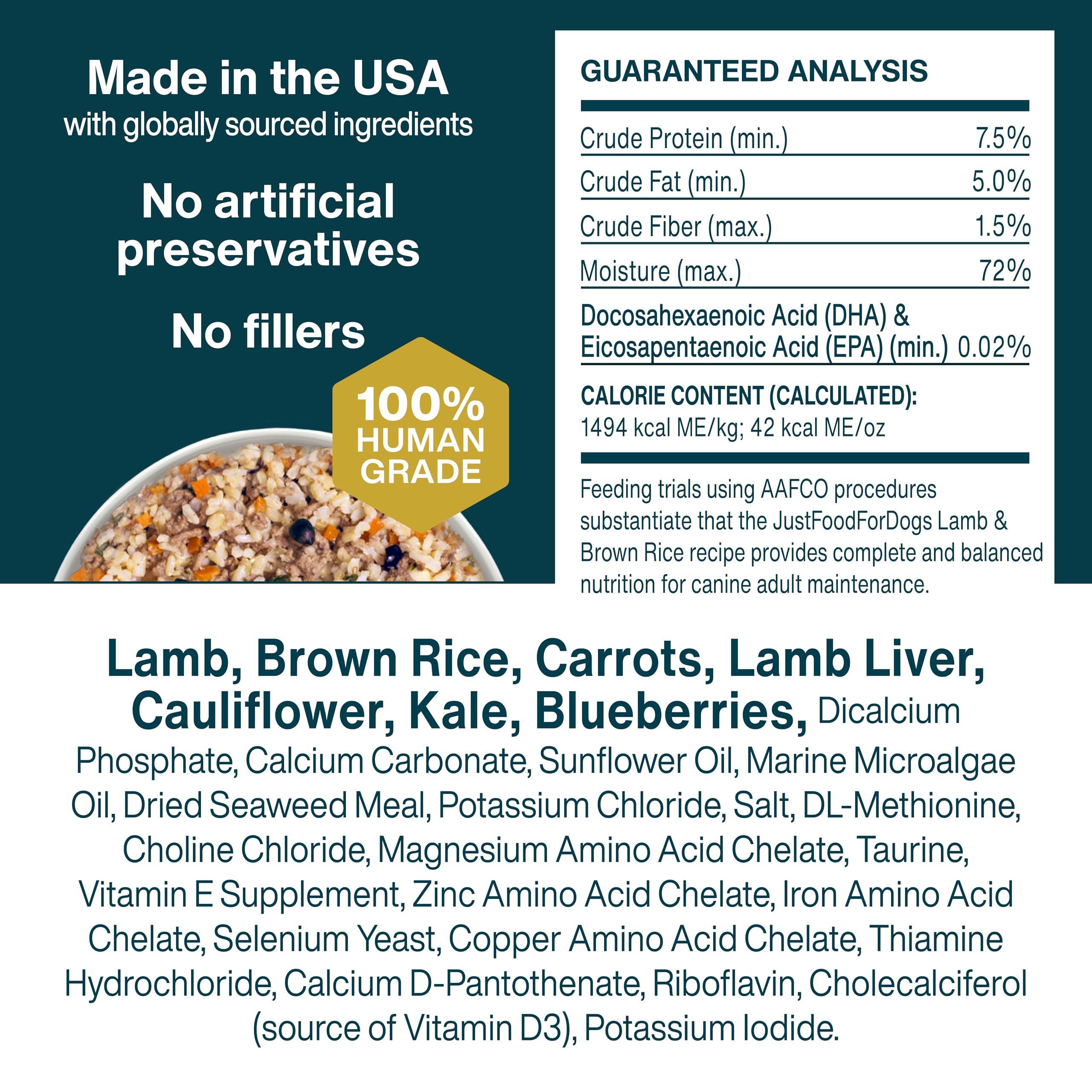 JustFoodForDogs Frozen Fresh Dog Food, Complete Meal or Topper, Lamb & Brown Rice Human Grade Dog Food Recipe, 18 oz (Pack of 7)