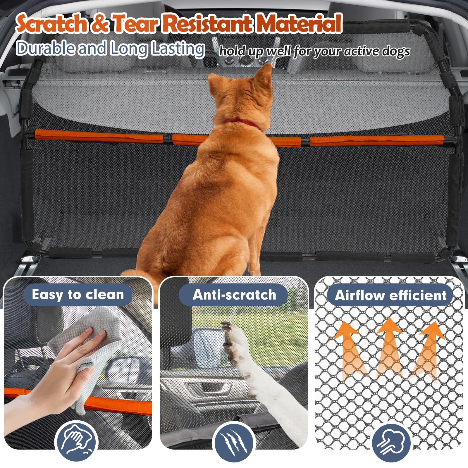 Furggis Dog Barrier For Cargo Area, 46'' Wide See Through Vehicle Car Hatchback Dog Car Net Barrier, Dog Car Net Mesh For 3Rd Ro