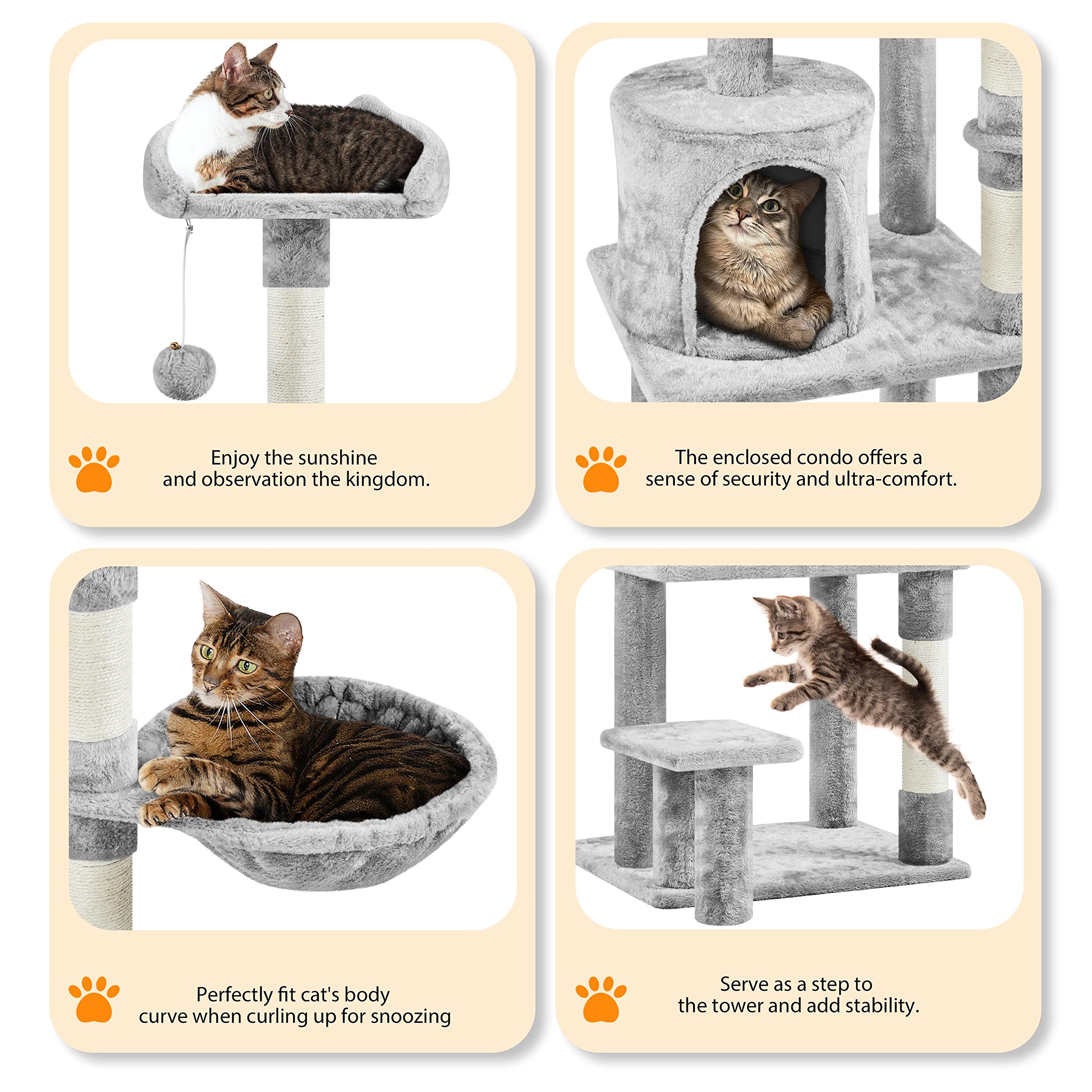 Topeakmart Cat Tree 57in, Multi Level Cat Tower with Basket & Condo & Scratching Post & Padded Perch & Extended Platform & Fur B
