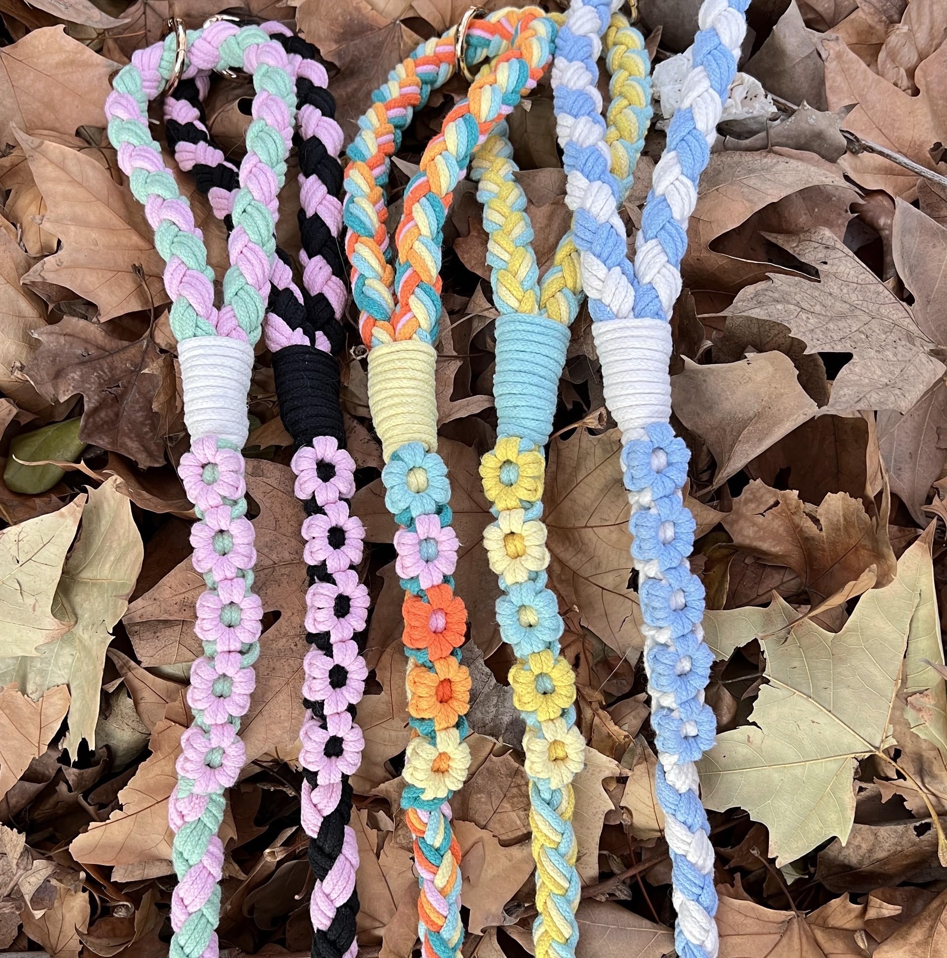 Handmade 5Ft Braided Cotton Dog Leash With Unique Floral Handle, Durable And Stylish, Ideal For Small To Large Dogs, Black & Pin