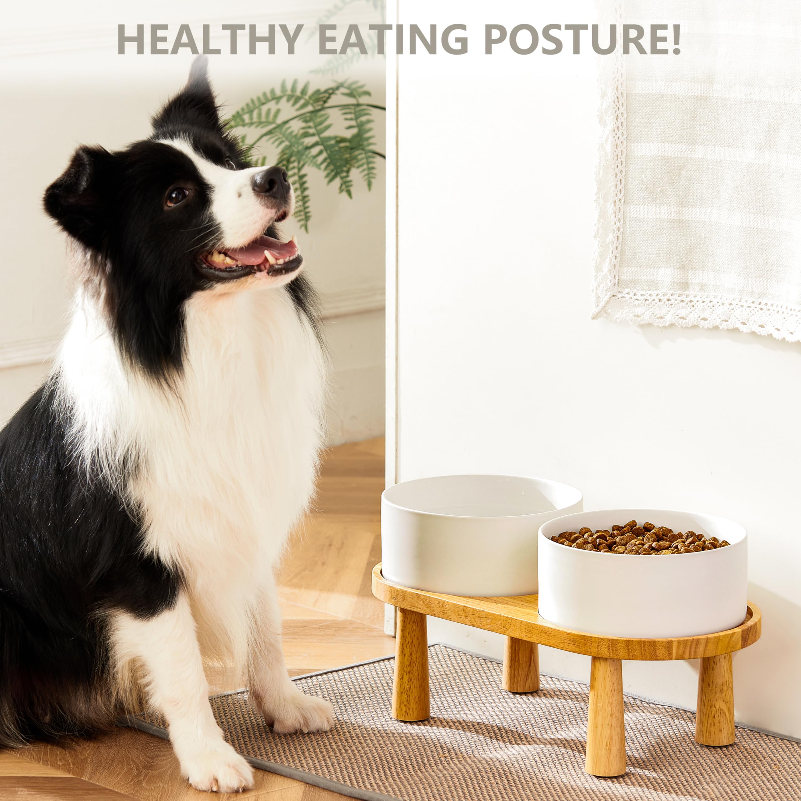 MOPANG Ceramic Elevated Dog Bowls Set - 8" Large Pet Food & Water Bowls with Wood Stand, 7.5 Cups, White, Model: Futternapf- und Wass