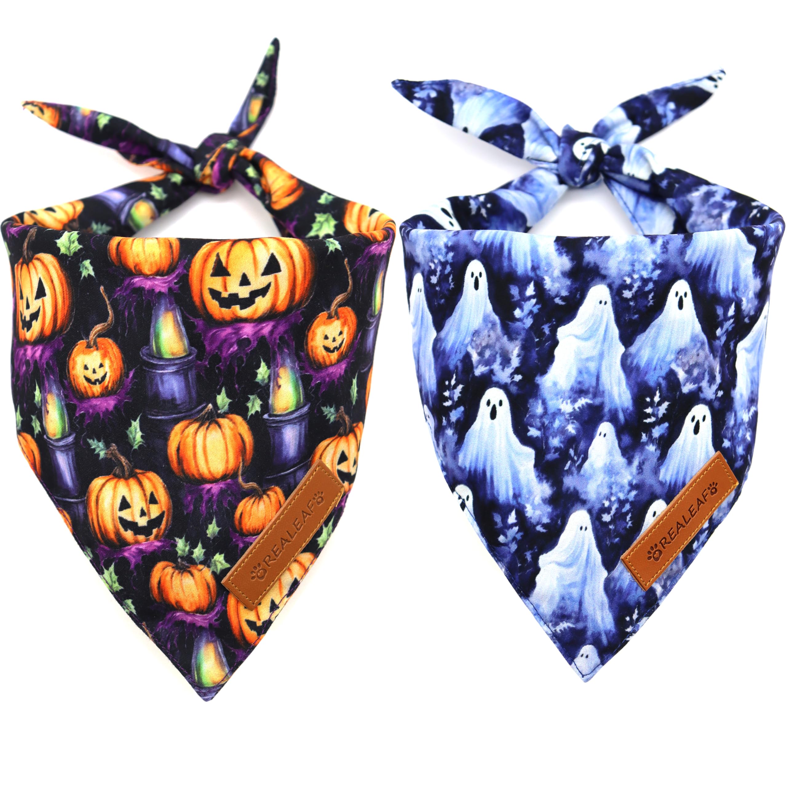 Realeaf Halloween Dog Bandanas 2 Pack, Pumpkins And Ghosts Pet Scarf For Boy And Girl, Premium Durable Fabric, Holiday Bandana F