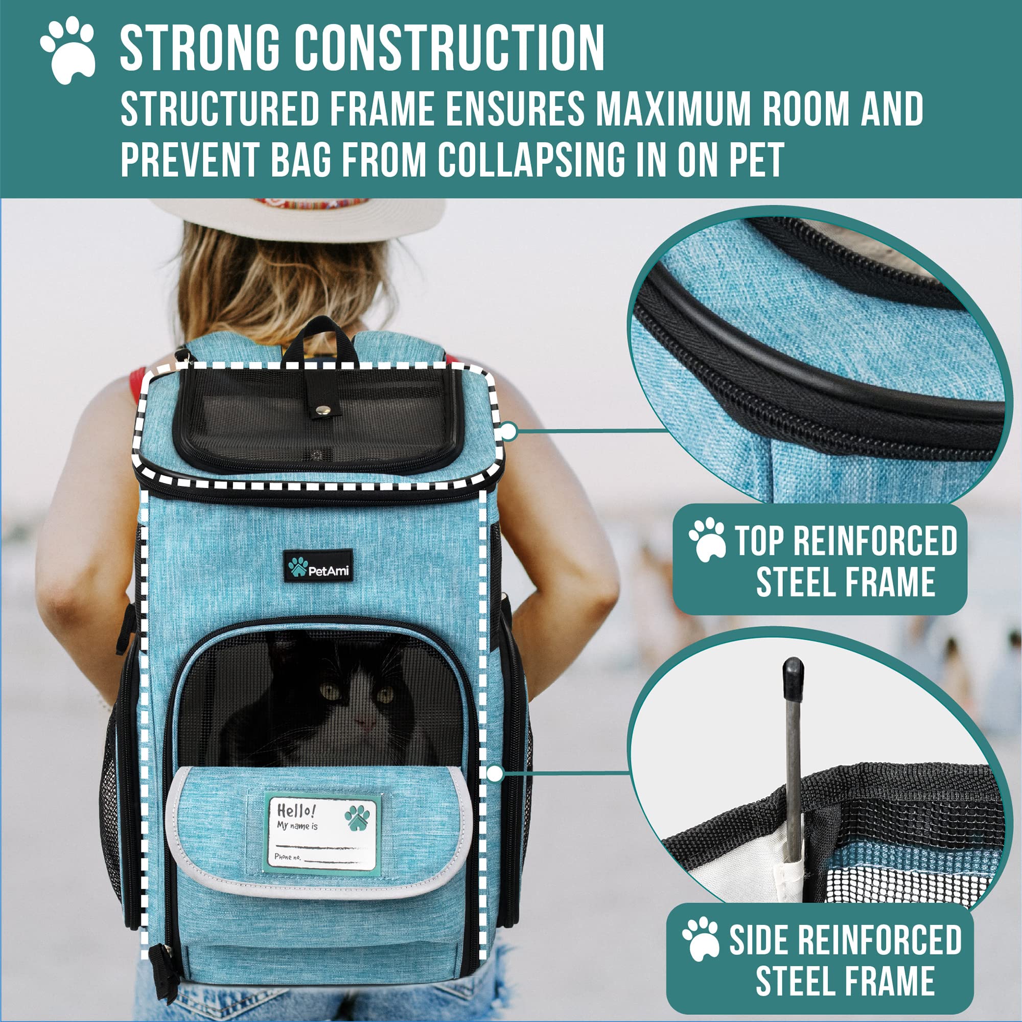 Petami Dog Backpack Carrier, Airline Approved Cat Backpacks For Carrying Small Large Cats, Pet Carrier Back Pack, Ventilated Soft Sided Dog Cat Bookbag For Travel, Hiking, Camping, Turquoise