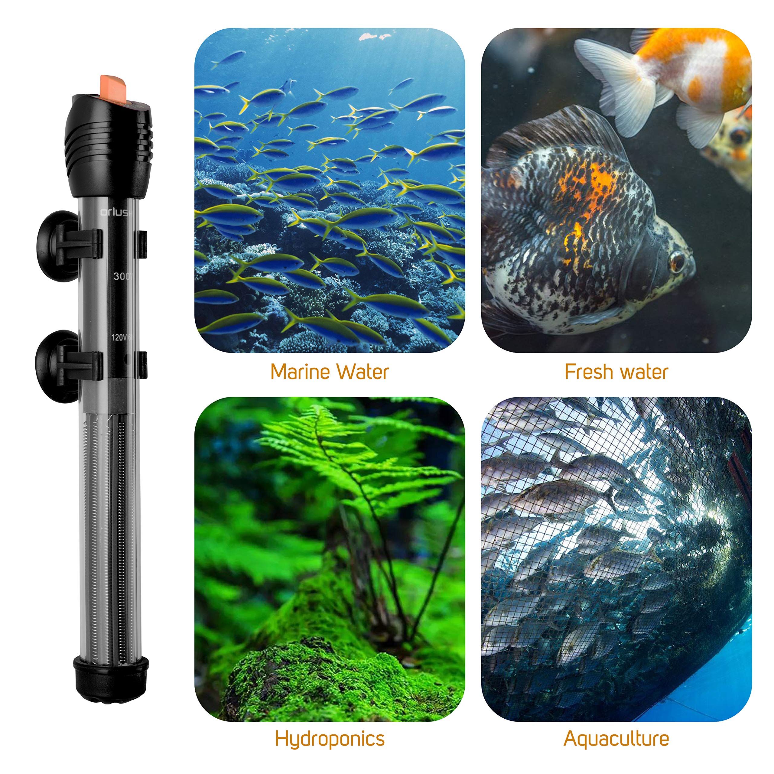 Orlushy Submersible Aquarium Heater,300W Adjustable Fish Tahk Heater With 2 Suction Cups Free Thermometer Suitable For Marine Saltwater And Freshwater