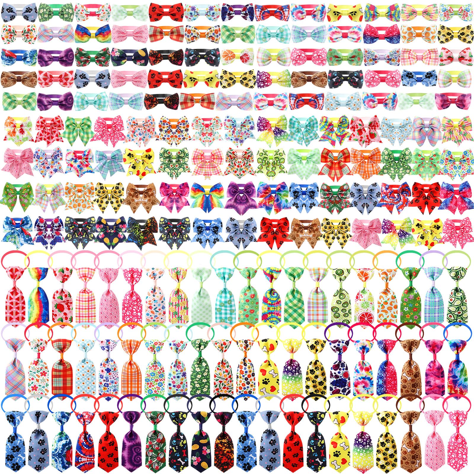 Reginary 200 Pcs Dog Bow Ties Collar Summer Set Bulk Include 80 Dogs Bowties, 60 Dog Neckties, 60 Collar Adjustable Plaid Fruit 