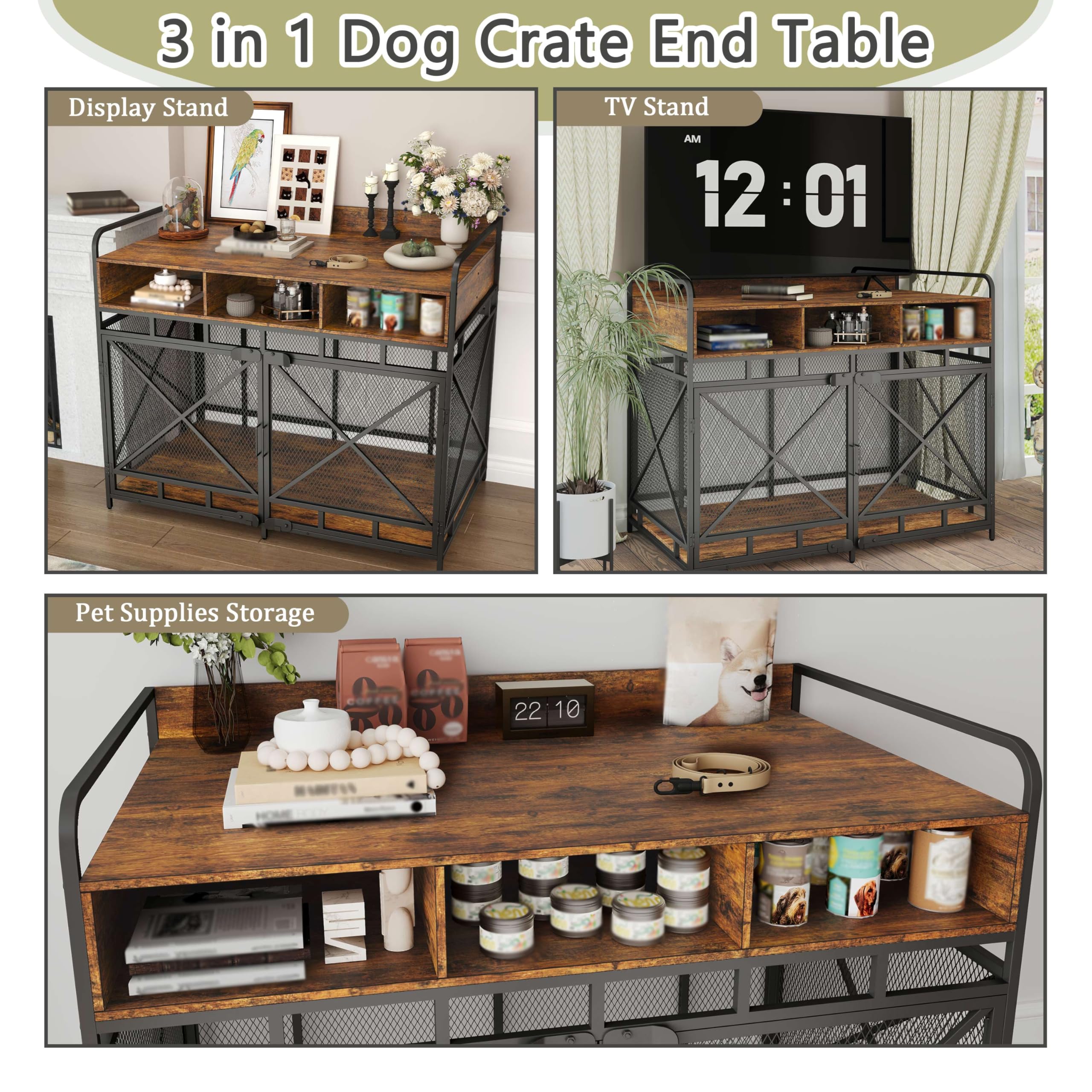Dog Crate Furniture, 48 Inch Large Dog Kennel End Table with 3 Drawers, Heavy Duty Dog Crate for Large Dogs, Wooden Decorative X