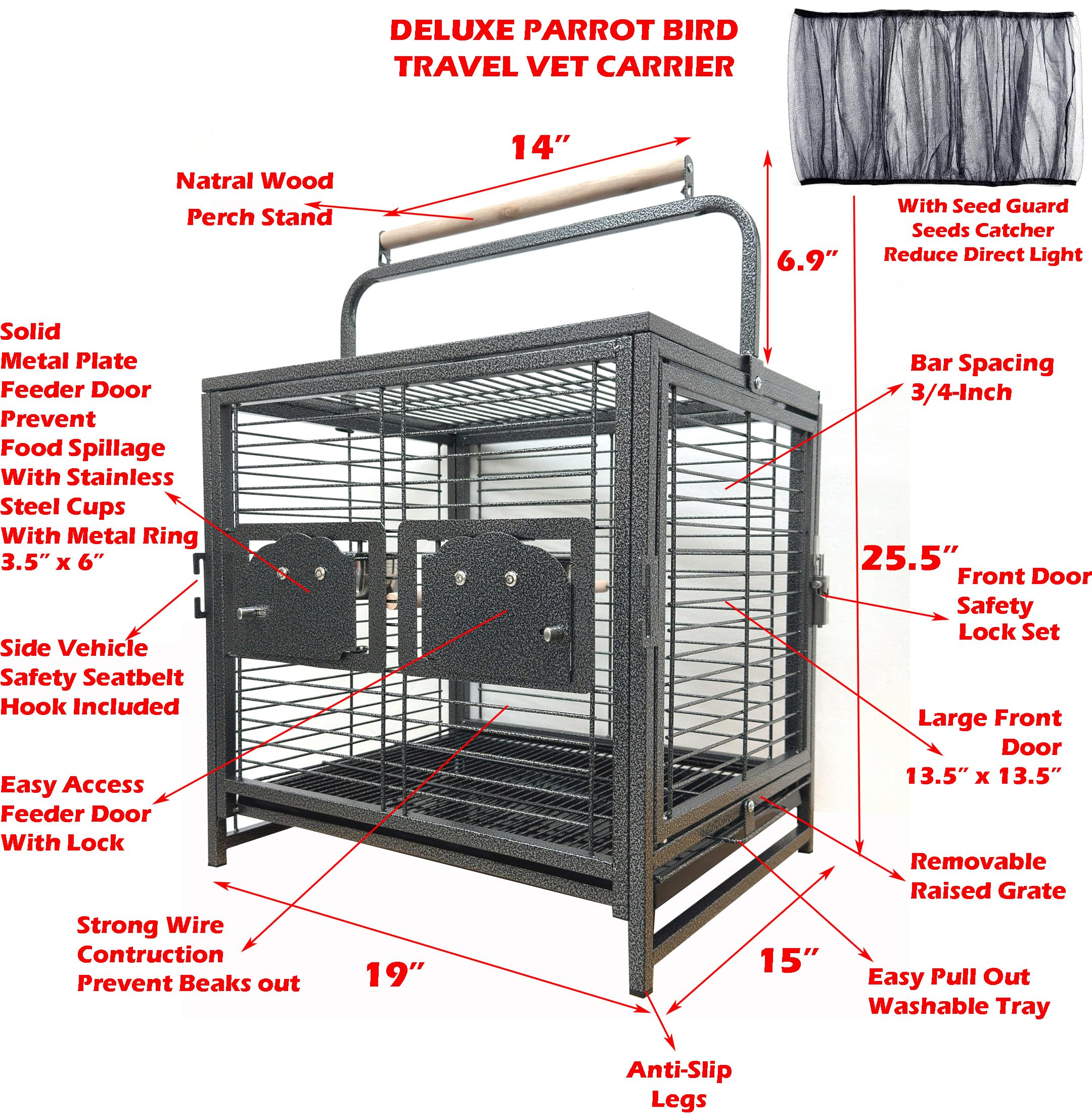 Portable Durable Heavy Duty Travel Veterinary Bird Parrot Carrier Cage Feeding Bowl Play Wooden Stand Perch with Handle Prevent