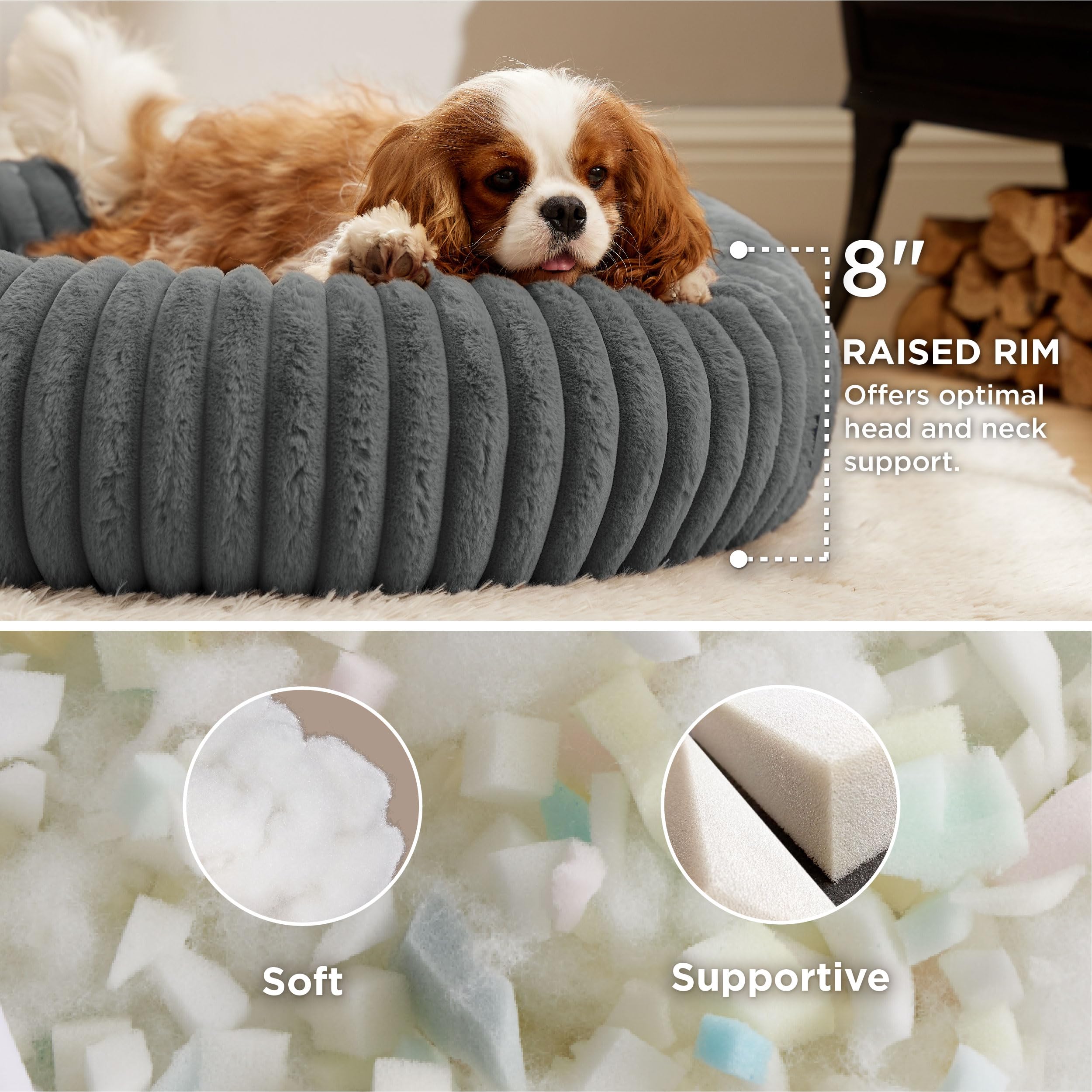 Bedsure Donut Medium Dog Bed - Washable Faux Fur With Corduroy Fleece & Anti Slip Bottom, Round Pet Bed With Removable Cover, Wa