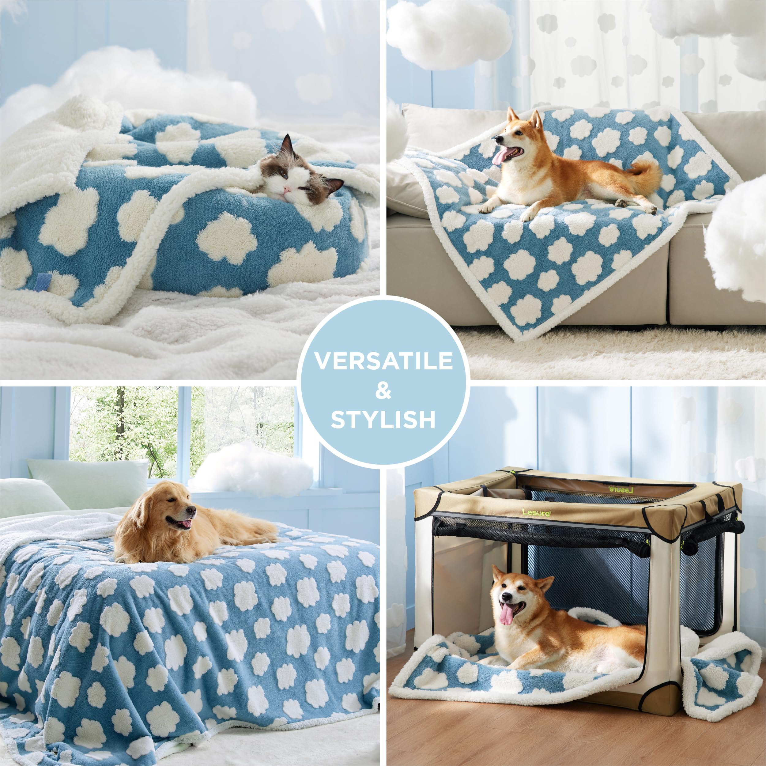 Lesure Waterproof Dog Blanket For Large Dogs - Washable Double Sided Dog Blankets With Warm Jacquard Shag And Soft Sherpa Fleece, Pet Cat Blanket For King Bed Protection, 3D Textured Cloud, Blue