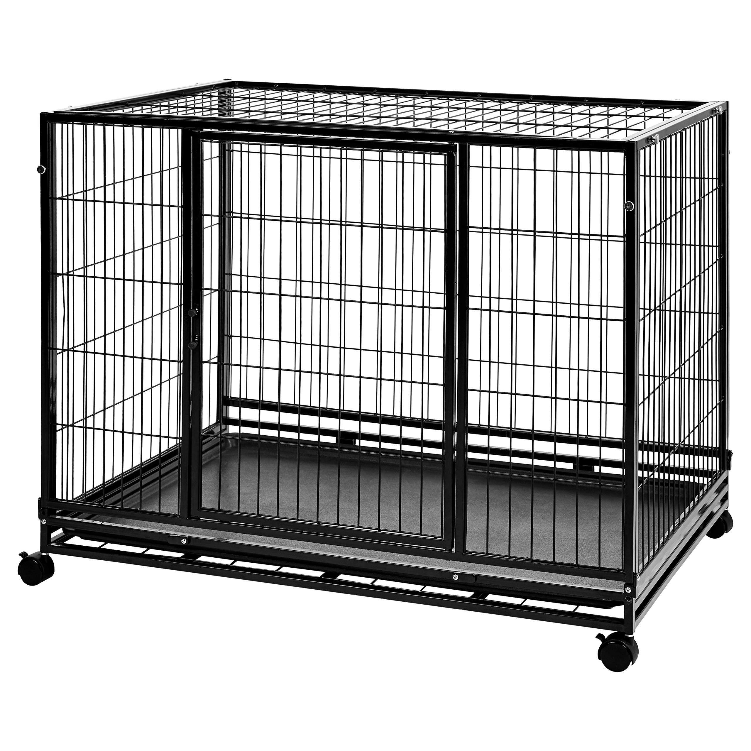 Amazon Basics - Portable Heavy Duty Stackable Dog Pet Kennel On Wheels With Tray, Black, 43.5'L X 29.8'W X 34.3'H