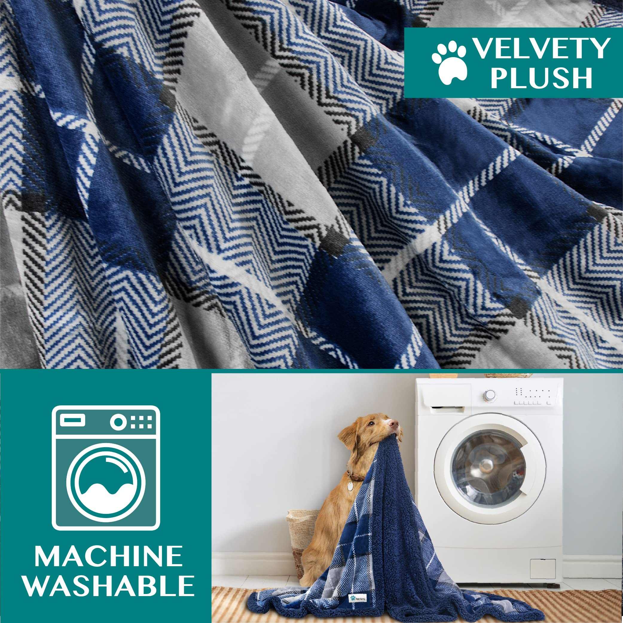 Petami Dog Blanket For Bed, Xl Pet Blanket Large Dogs, Fleece Furniture Couch Cover Protector Sofa Car Crate Kennel, Soft Sherpa Cat Throw Plush Reversible Washable, Twin 60X80 Plaid Navy Blue