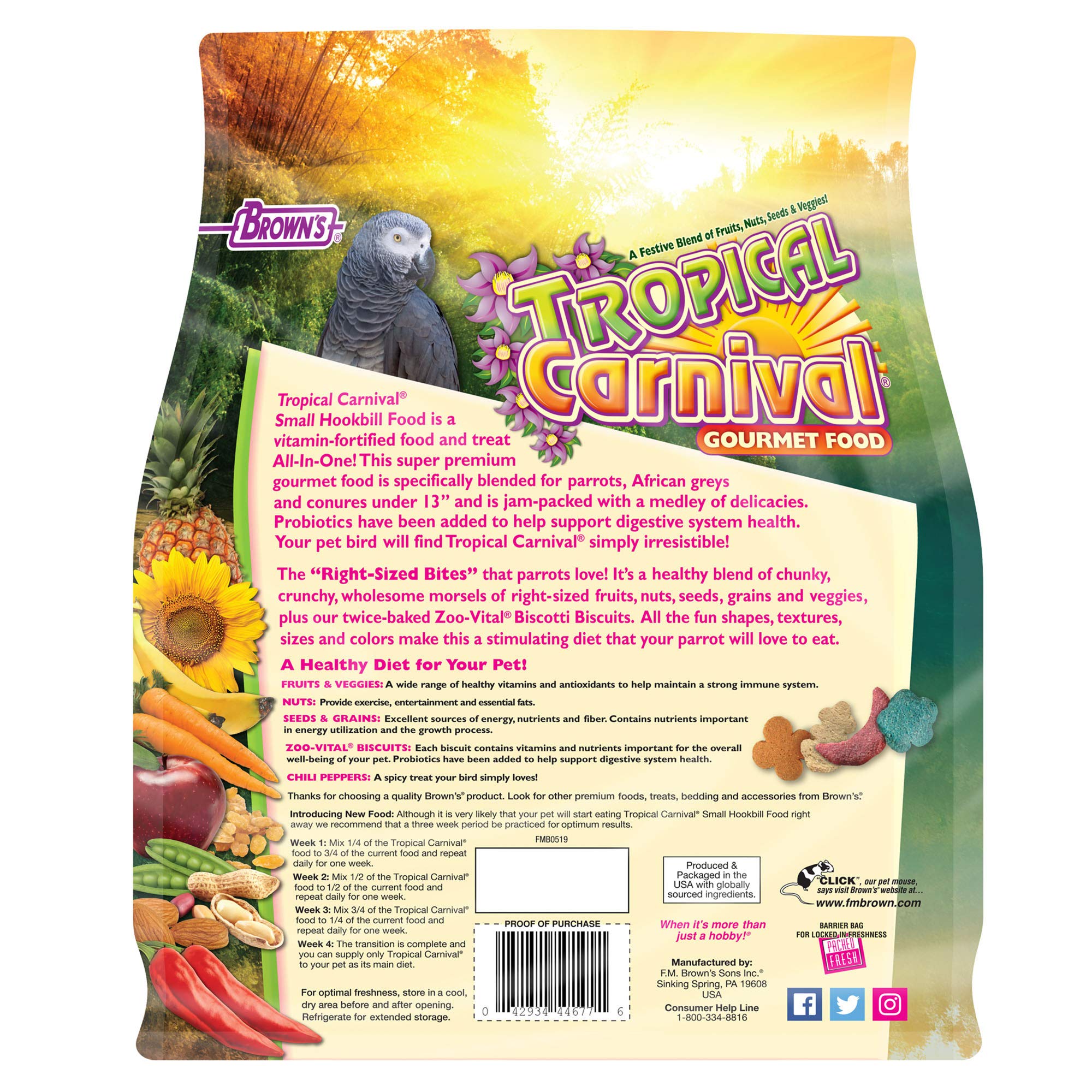 F.M. Browns Tropical Carnival Gourmet Bird Food for Parrots, African Greys, and Conures Under 13, Probiotics for Digestive Heal