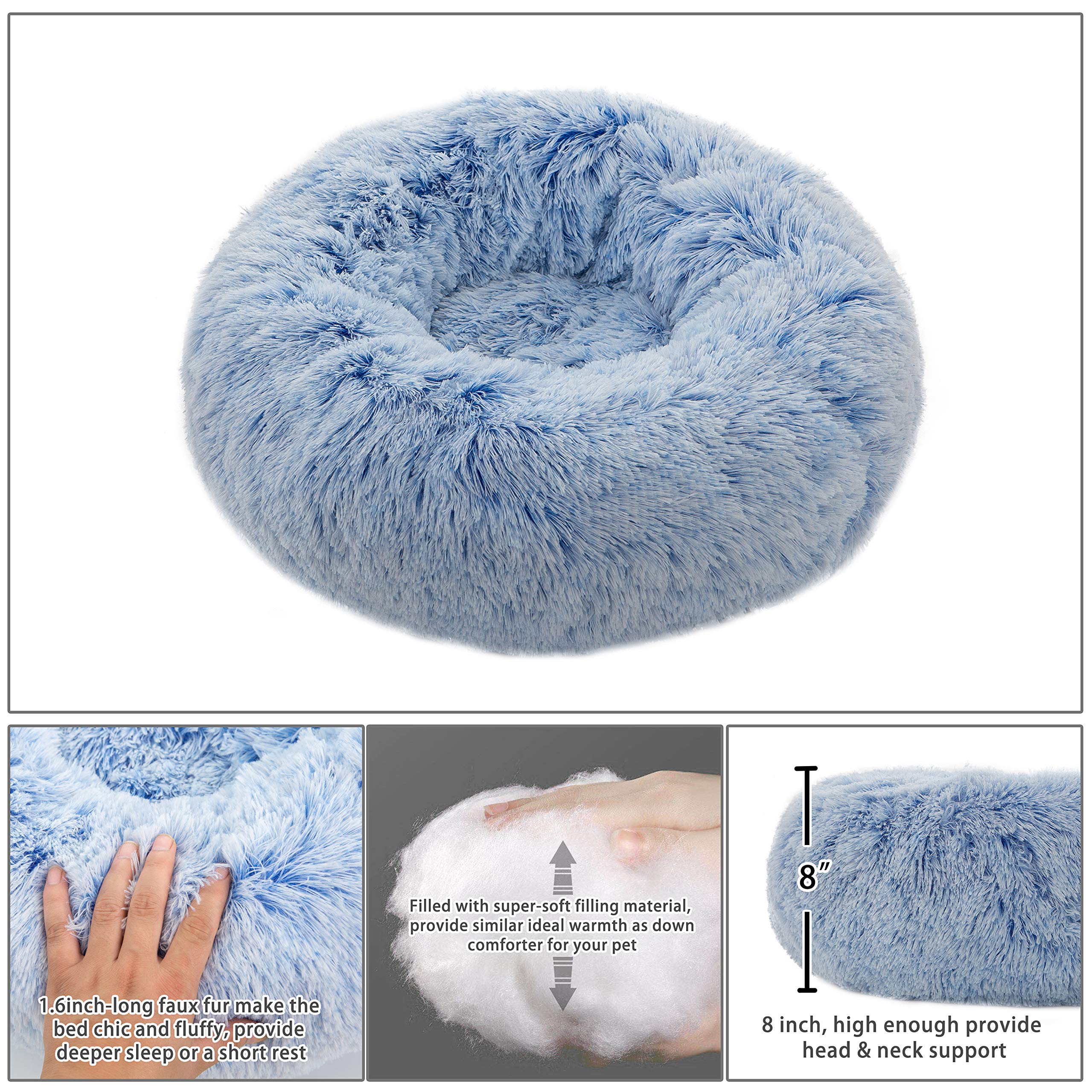 Tumimallody Donut Pet Bed, Plush Round Cuddler Cat & Dog Cushion Bed, Marshmellow Fluffy Faux Fur, Calming Comfy Furry (24 , Lig