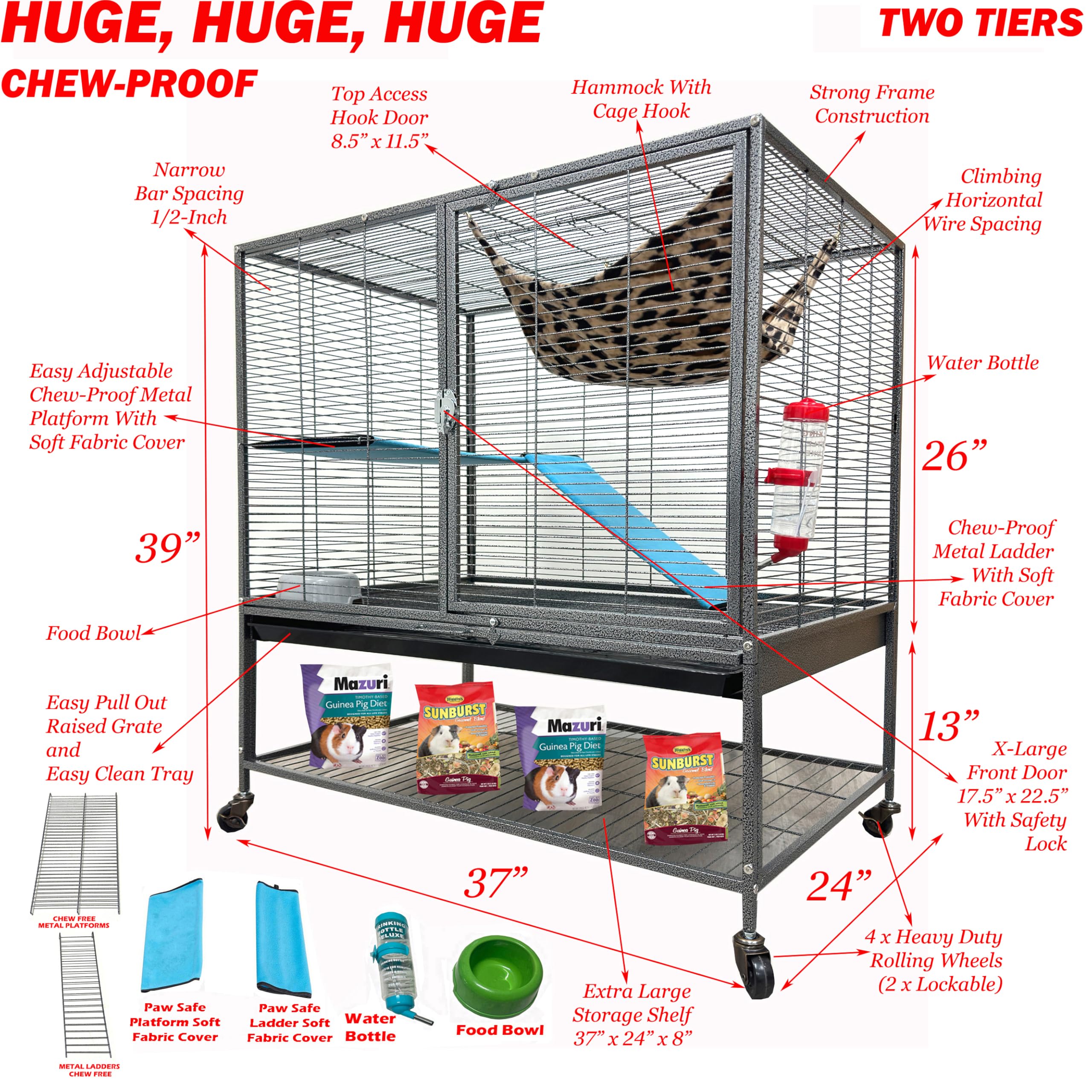 Huge 37'' L X 24'' W X 39'' H Two Tiers Tight 1/2-Inch Bar Spacing Large Front Doors For Feisty Ferret Hammock Chinchilla Rat Mo