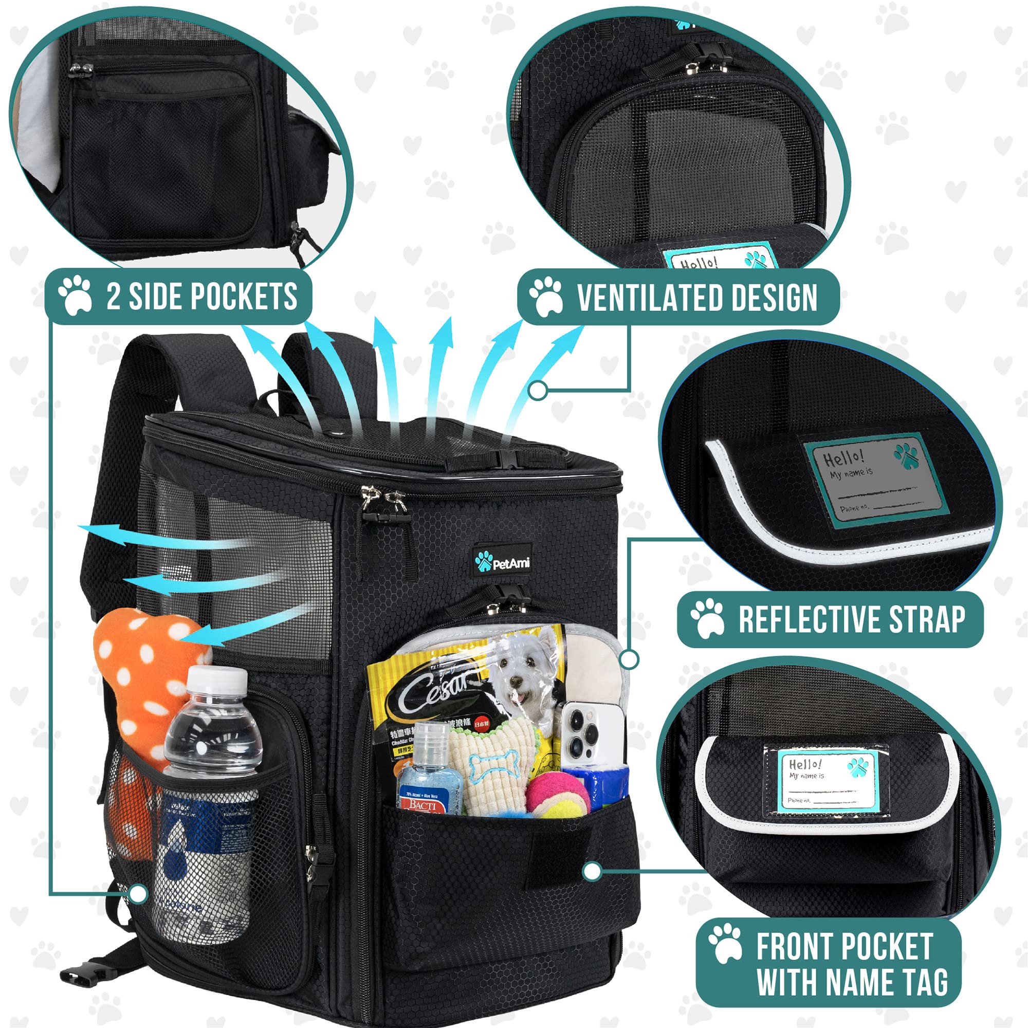 Petami Dog Backpack Carrier, Airline Approved Cat Backpacks For Carrying Small Large Cats, Pet Carrier Back Pack, Ventilated Soft Sided Dog Cat Bookbag For Travel, Hiking, Camping, Black