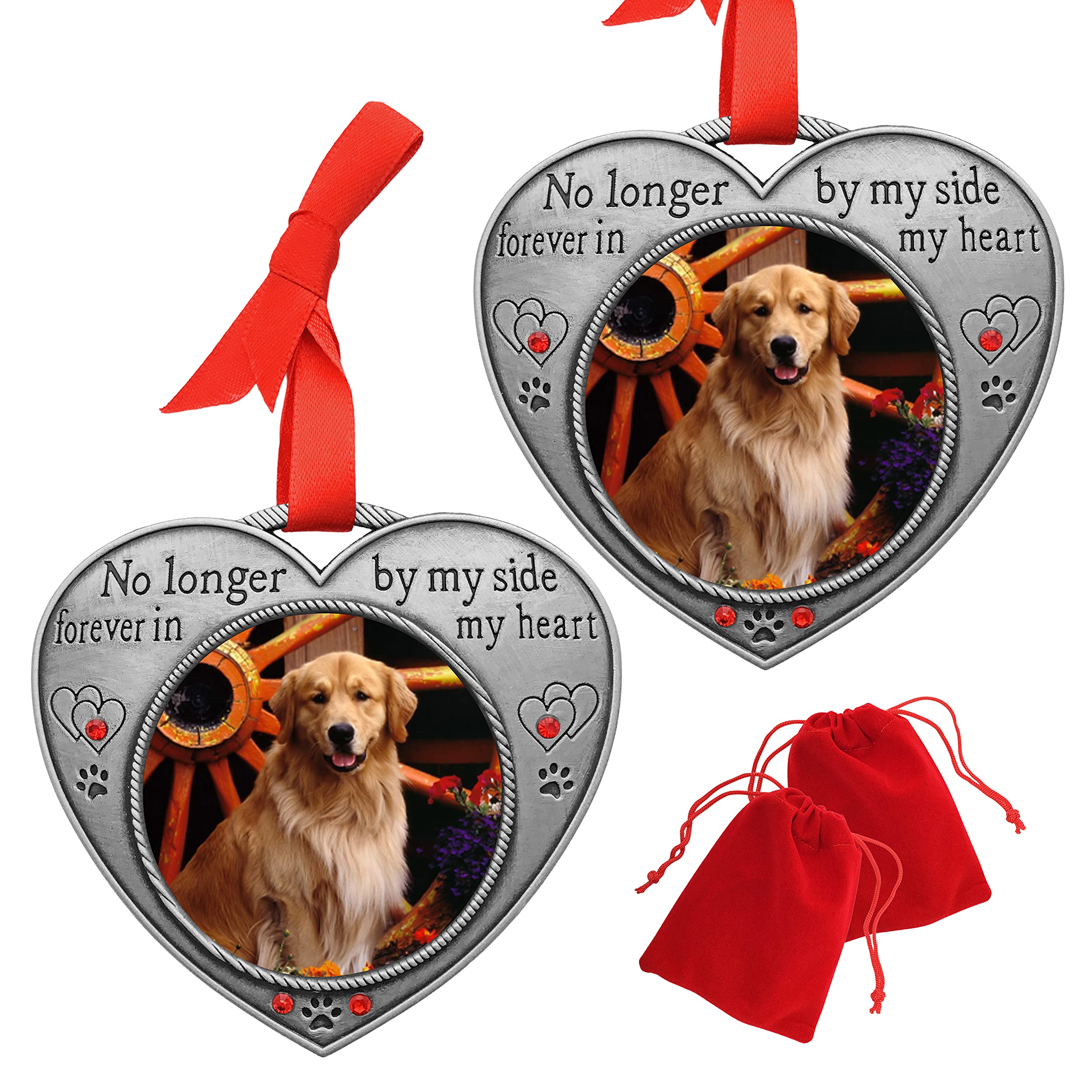 Pet Memorial Picture Christmas Ornament - No Longer By My Side - Heart Shaped Photo Frame Ornament - Loss Of A Pet - Pet Sympathy - 2 Pack - Gift/Storage Bags Included