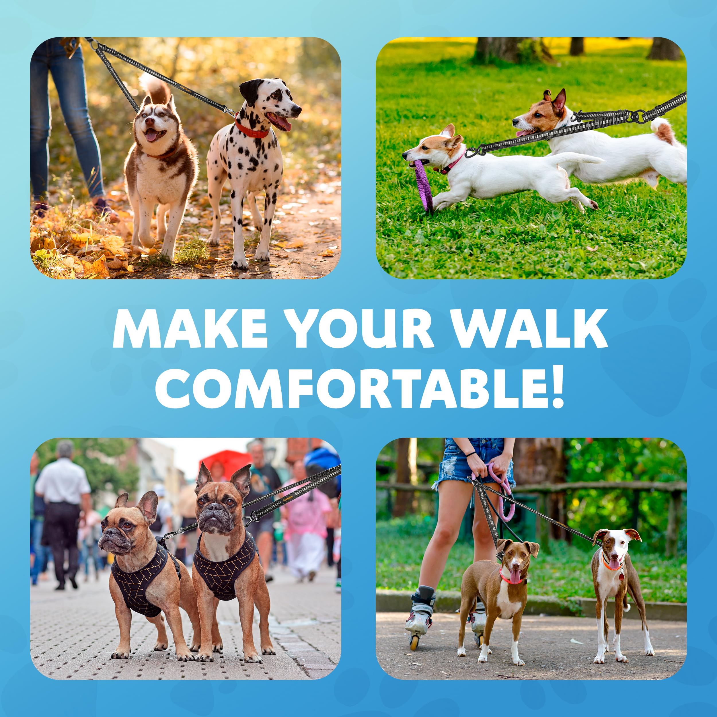 Double Dog Leash - Adjustable Length Long Leash For Dog Training - Dual Reflective Dog Leash With Non-Tangle Design - Heavy Duty