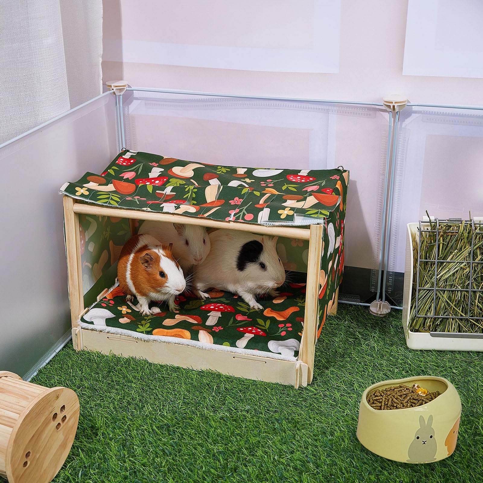 Glittme Guinea Pig Hideout, Wooden Guinea Pig Bed With Waterproof Mat, Durable Rabbit Bed With Door Curtain For Guinea Pig, Rabb