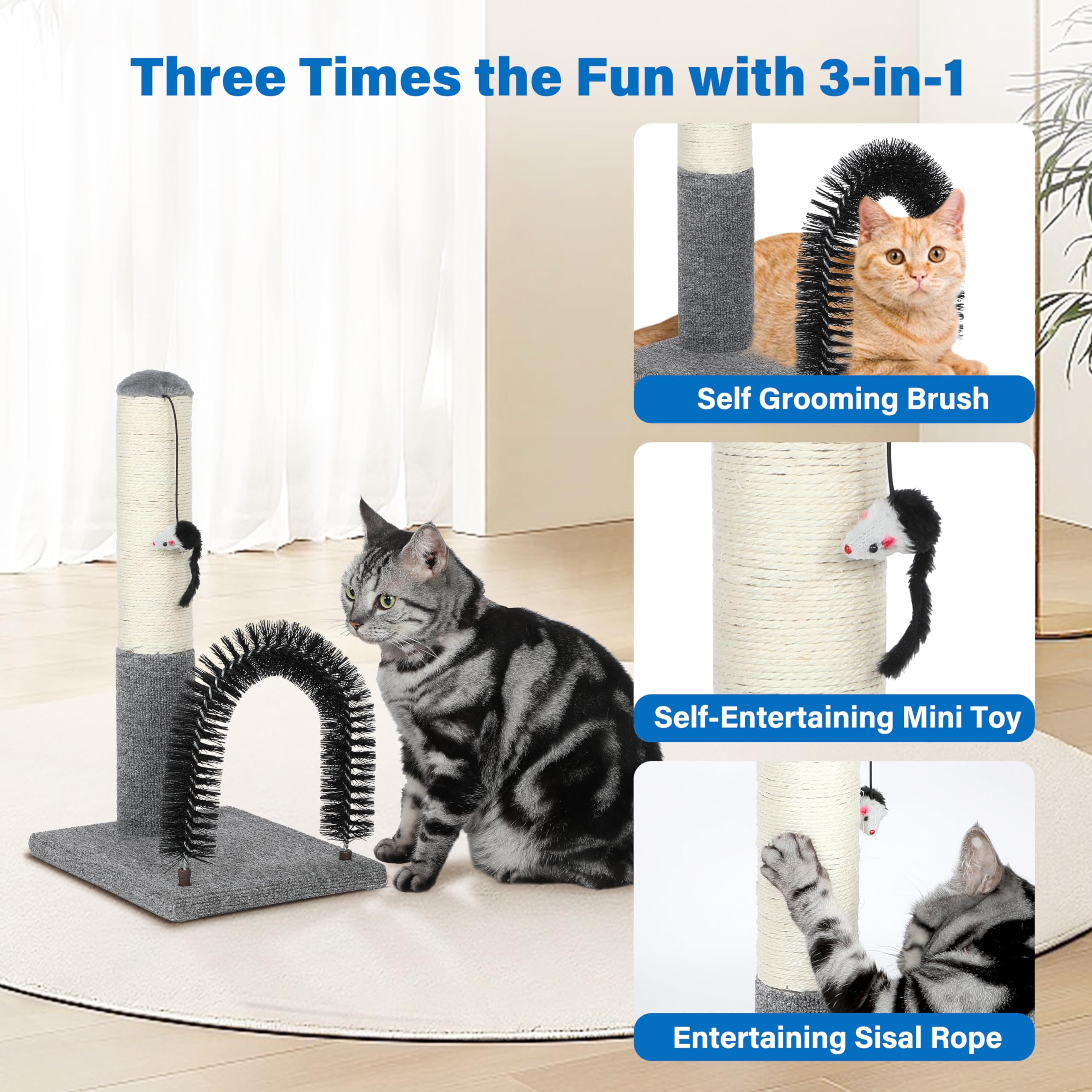 18 Inch Cat Scratching Post Pad with Self Groomer & Dangling Ball, Indoor Scratcher for Kittens & Cats, Protect Furniture