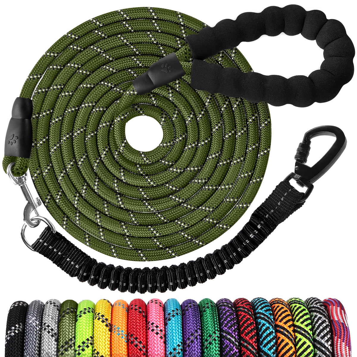 jenico Long Dog Leash 10FT: Heavy Duty Nylon Rope Leashes for Dogs Training  with Reflective Threads Bungee and Padded Handle