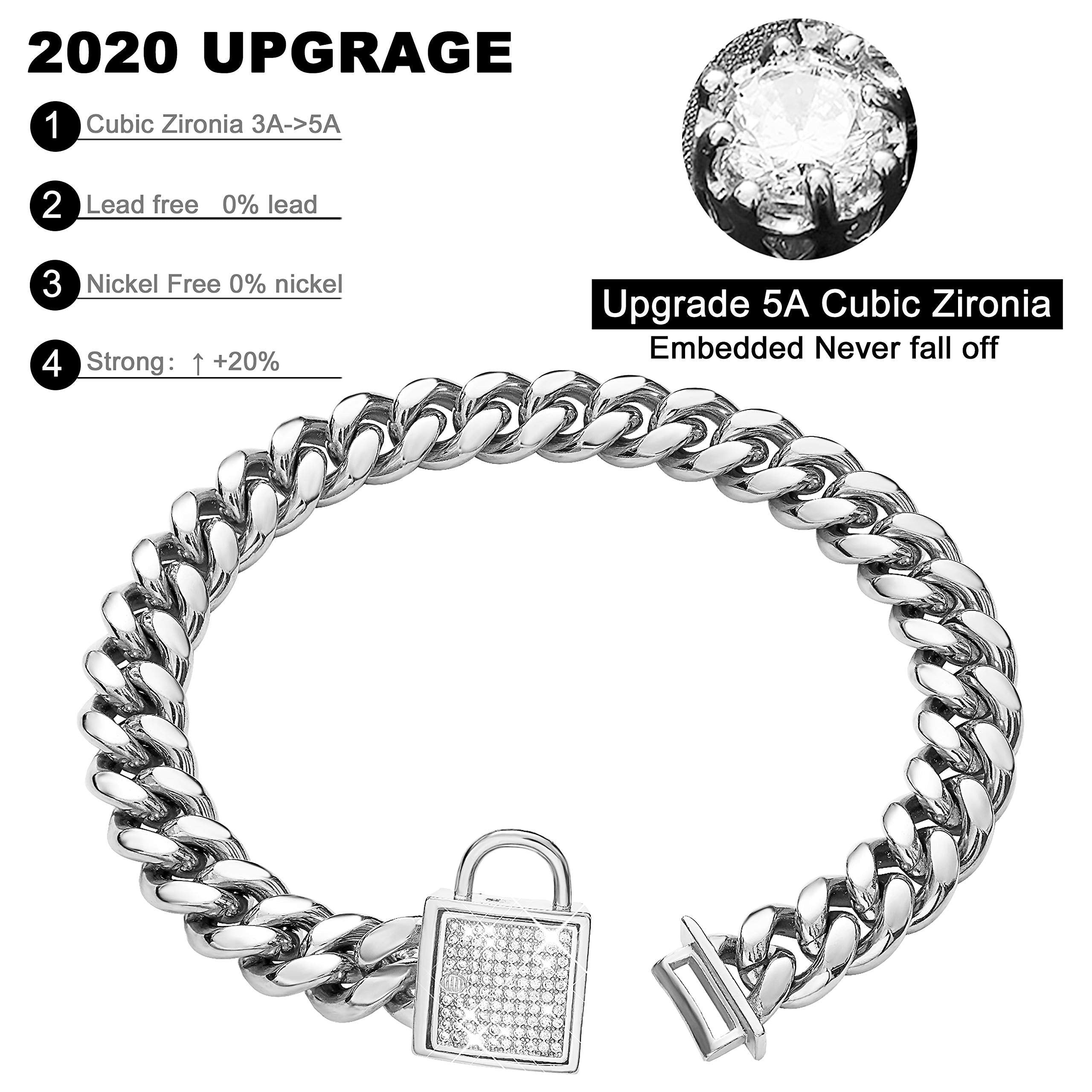 Dog Collar With Zirconia Locking 14Mm Silver Metal Puppy Collar Luxury Dog Bling Necklace Small Medium (14Mm, 12')